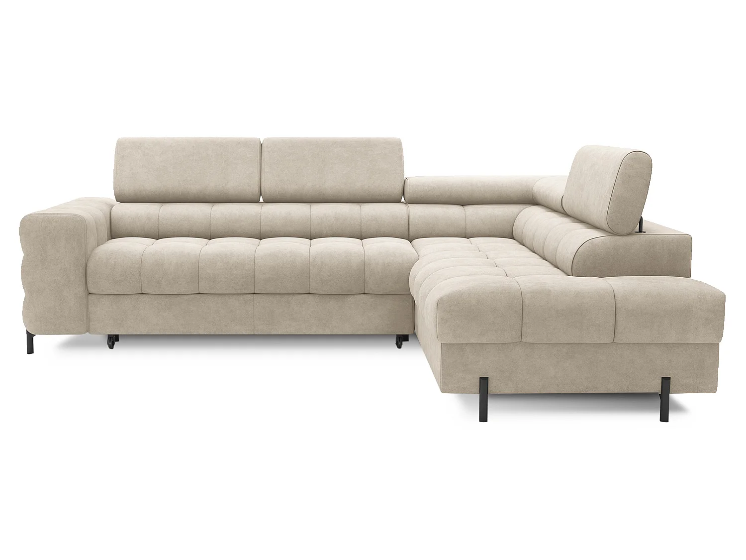 Canapé d’angle convertible LUCCINO en tissu avec coffre, têtières réglables et pieds en métal noir – 276cm-Beige-angle droit