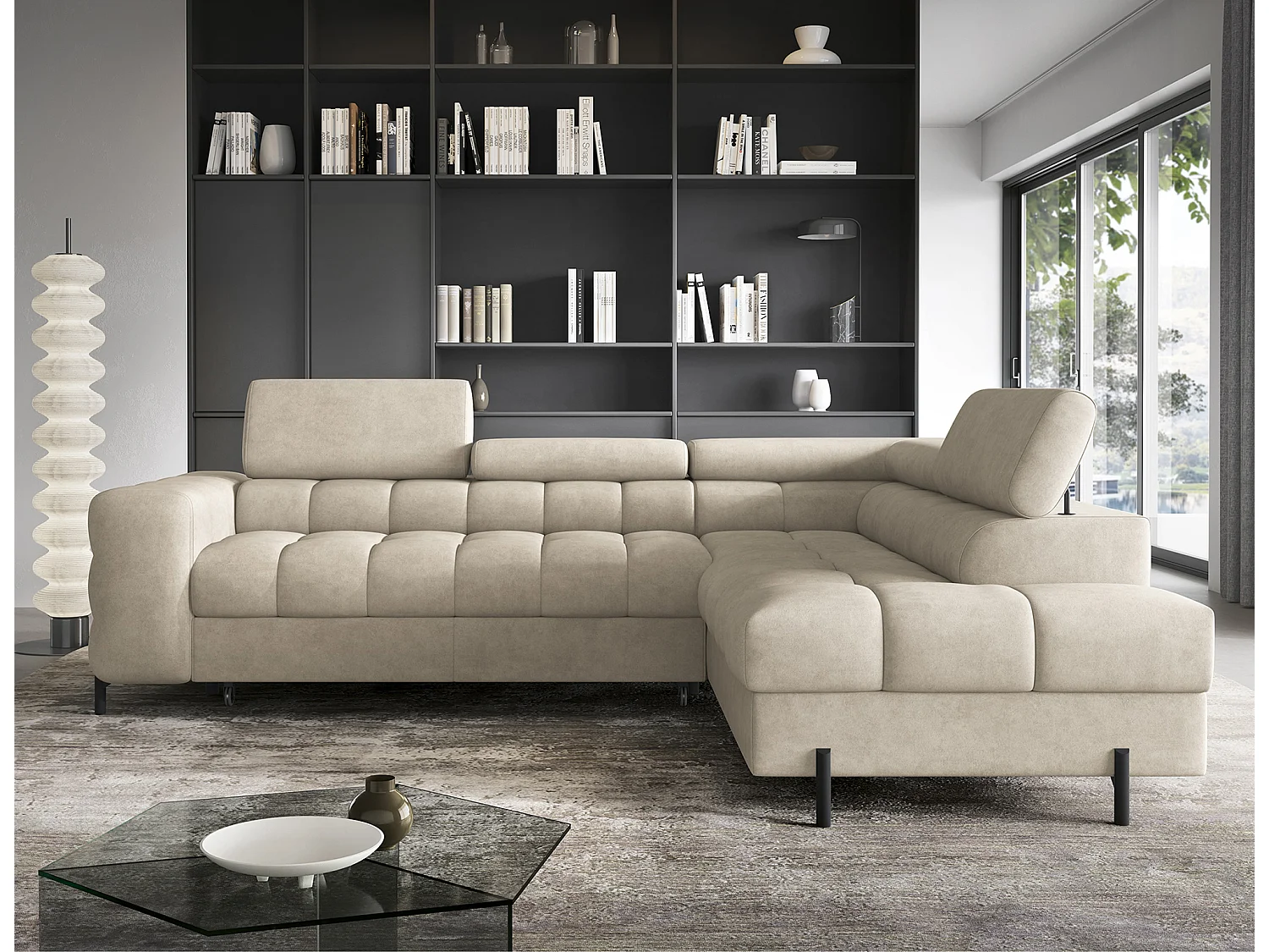 Canapé d’angle convertible LUCCINO en tissu avec coffre, têtières réglables et pieds en métal noir – 276cm-Beige-angle droit