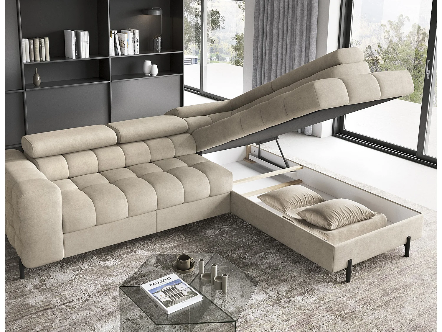 Canapé d’angle convertible LUCCINO en tissu avec coffre, têtières réglables et pieds en métal noir – 276cm-Beige-angle droit