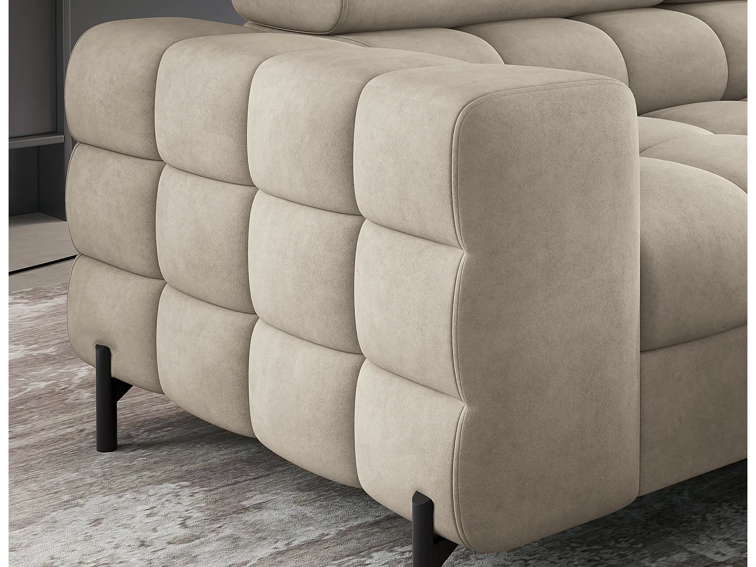 Canapé d’angle convertible LUCCINO en tissu avec coffre, têtières réglables et pieds en métal noir – 276cm-Beige-angle droit