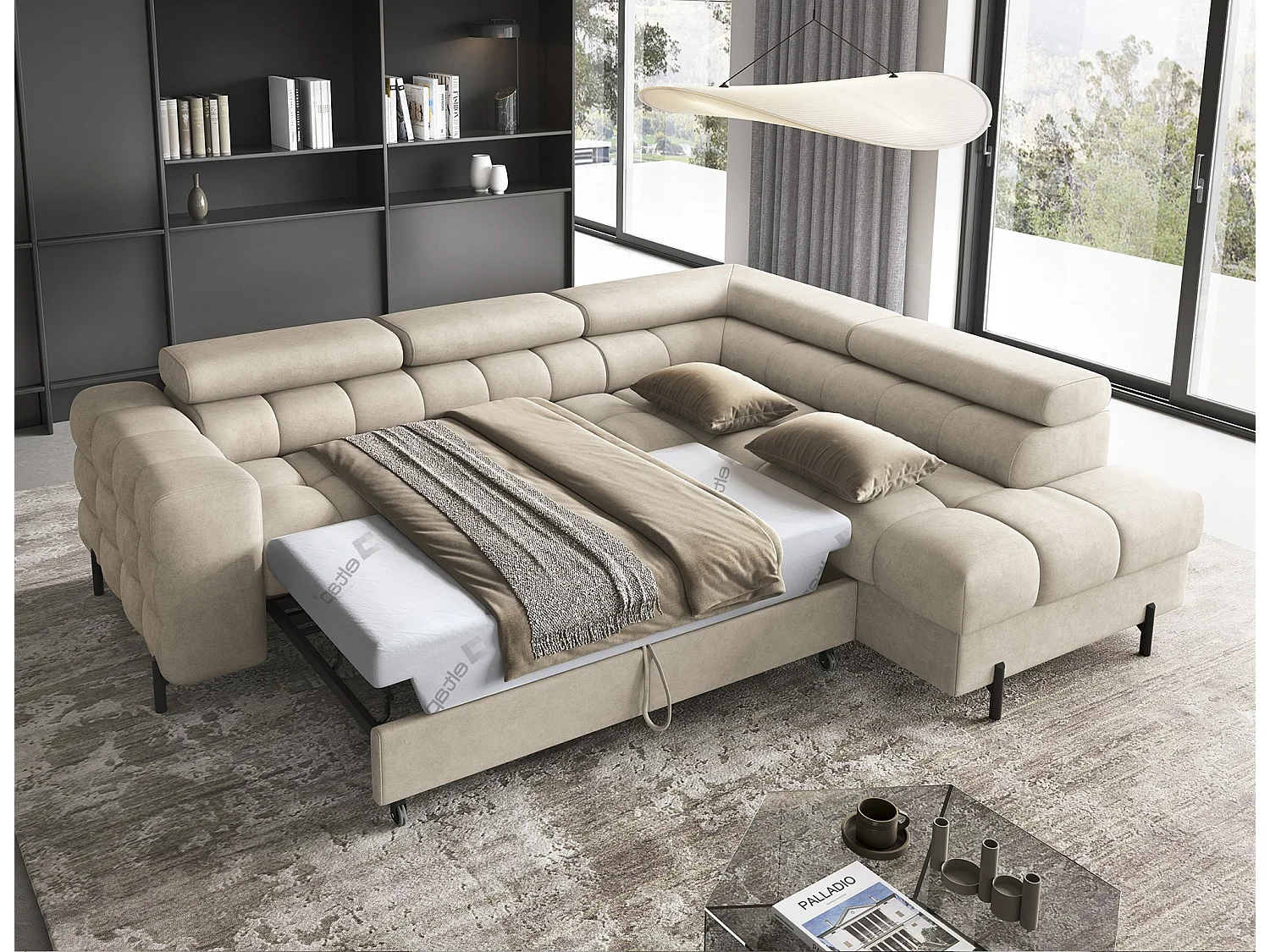 Canapé d’angle convertible LUCCINO en tissu avec coffre, têtières réglables et pieds en métal noir – 276cm-Beige-angle droit