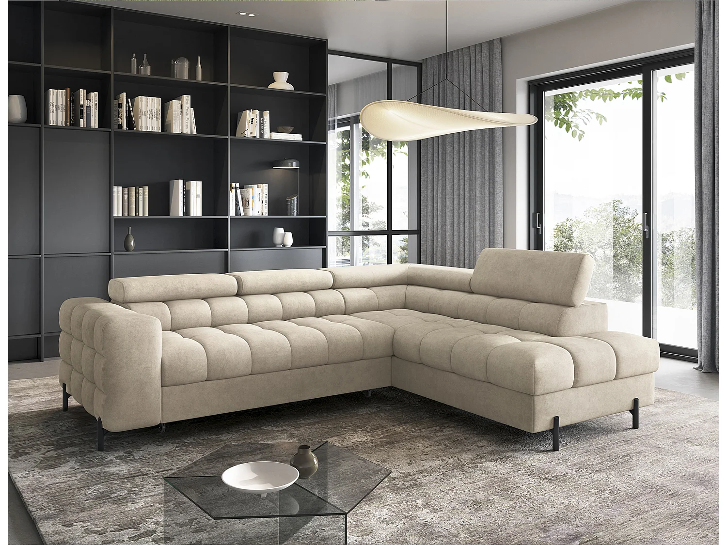 Canapé d’angle convertible LUCCINO en tissu avec coffre, têtières réglables et pieds en métal noir – 276cm-Beige-angle droit