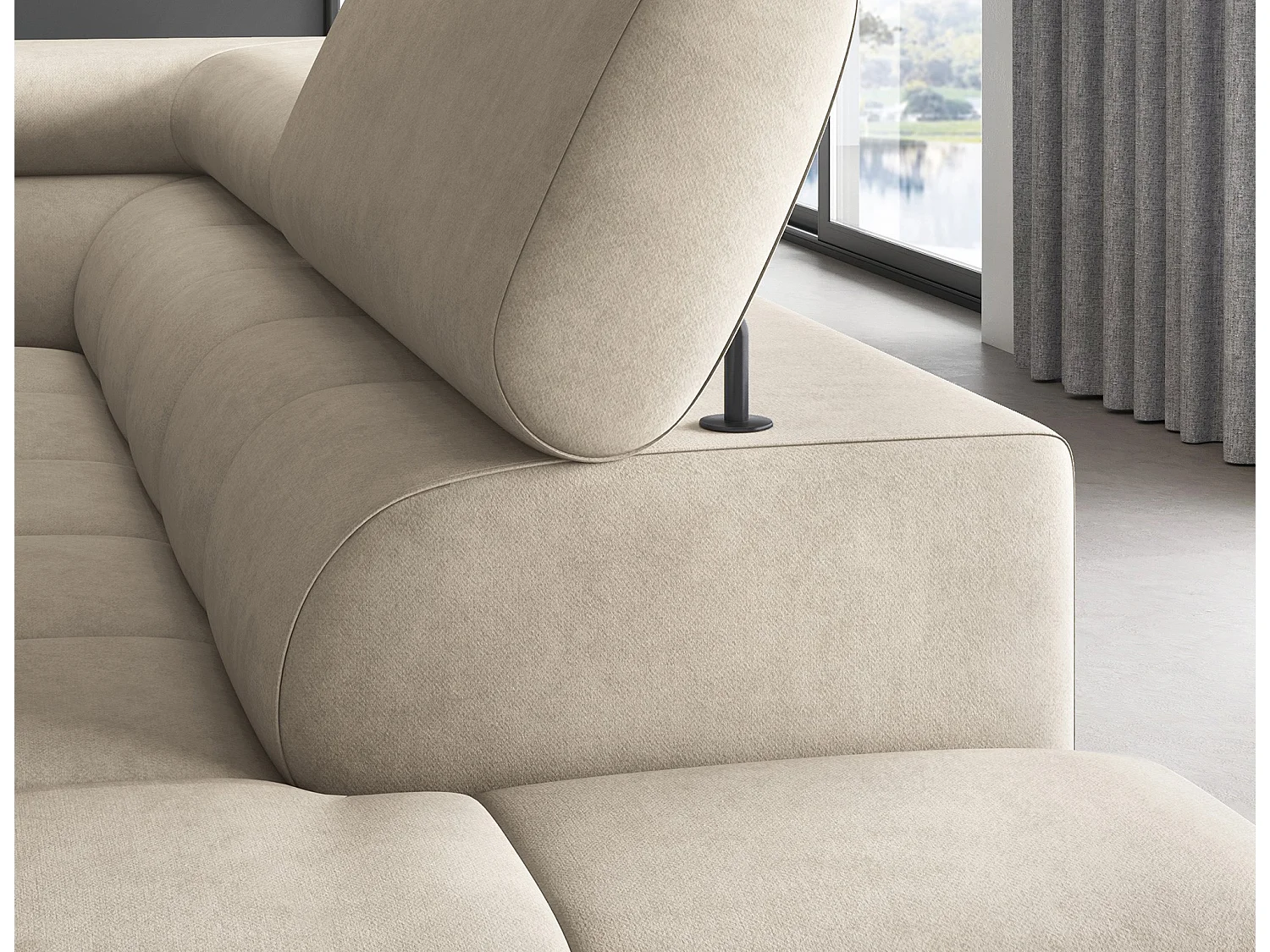 Canapé d’angle convertible LUCCINO en tissu avec coffre, têtières réglables et pieds en métal noir – 276cm-Beige-angle droit