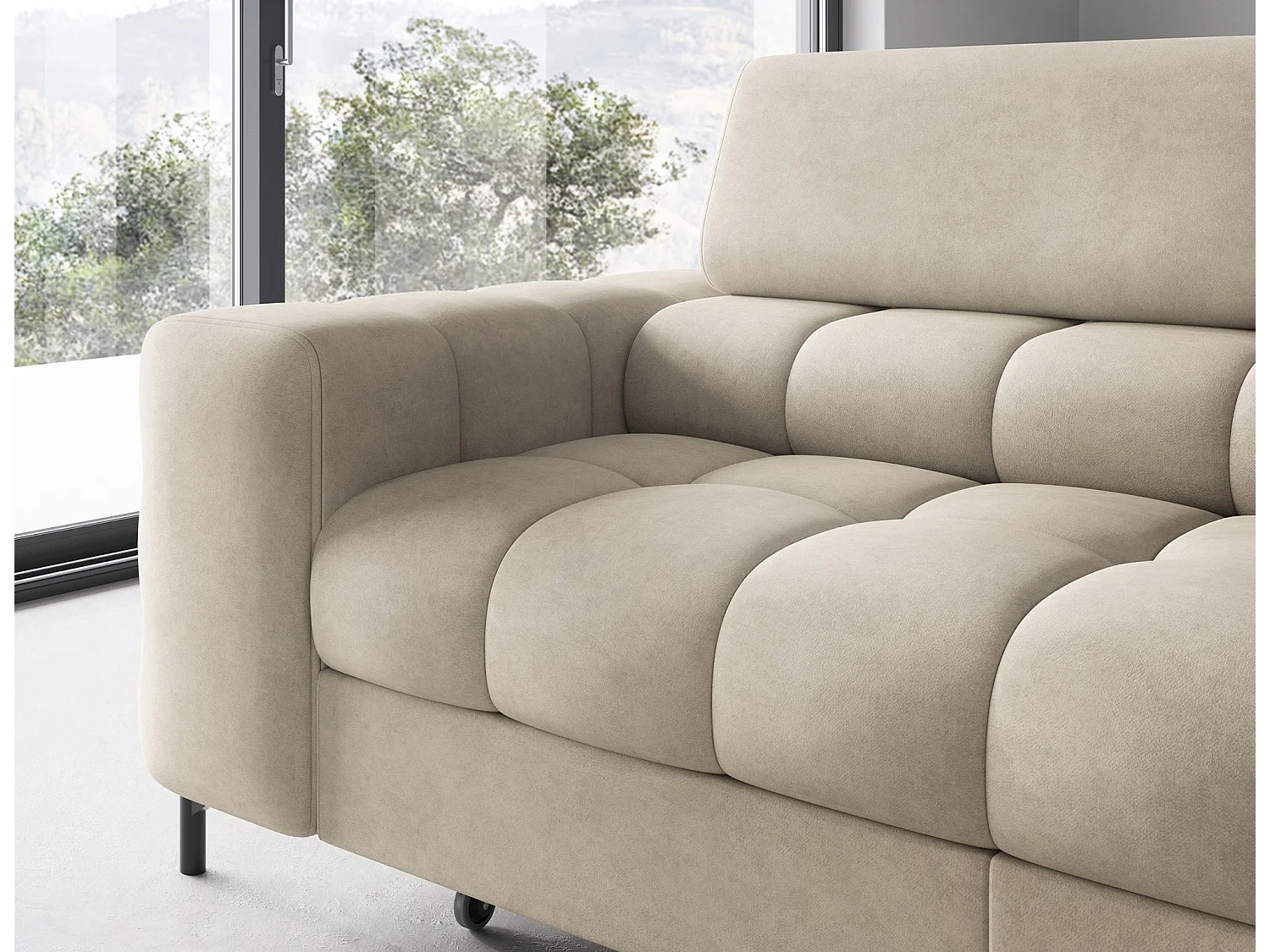 Canapé d’angle convertible LUCCINO en tissu avec coffre, têtières réglables et pieds en métal noir – 276cm-Beige-angle droit