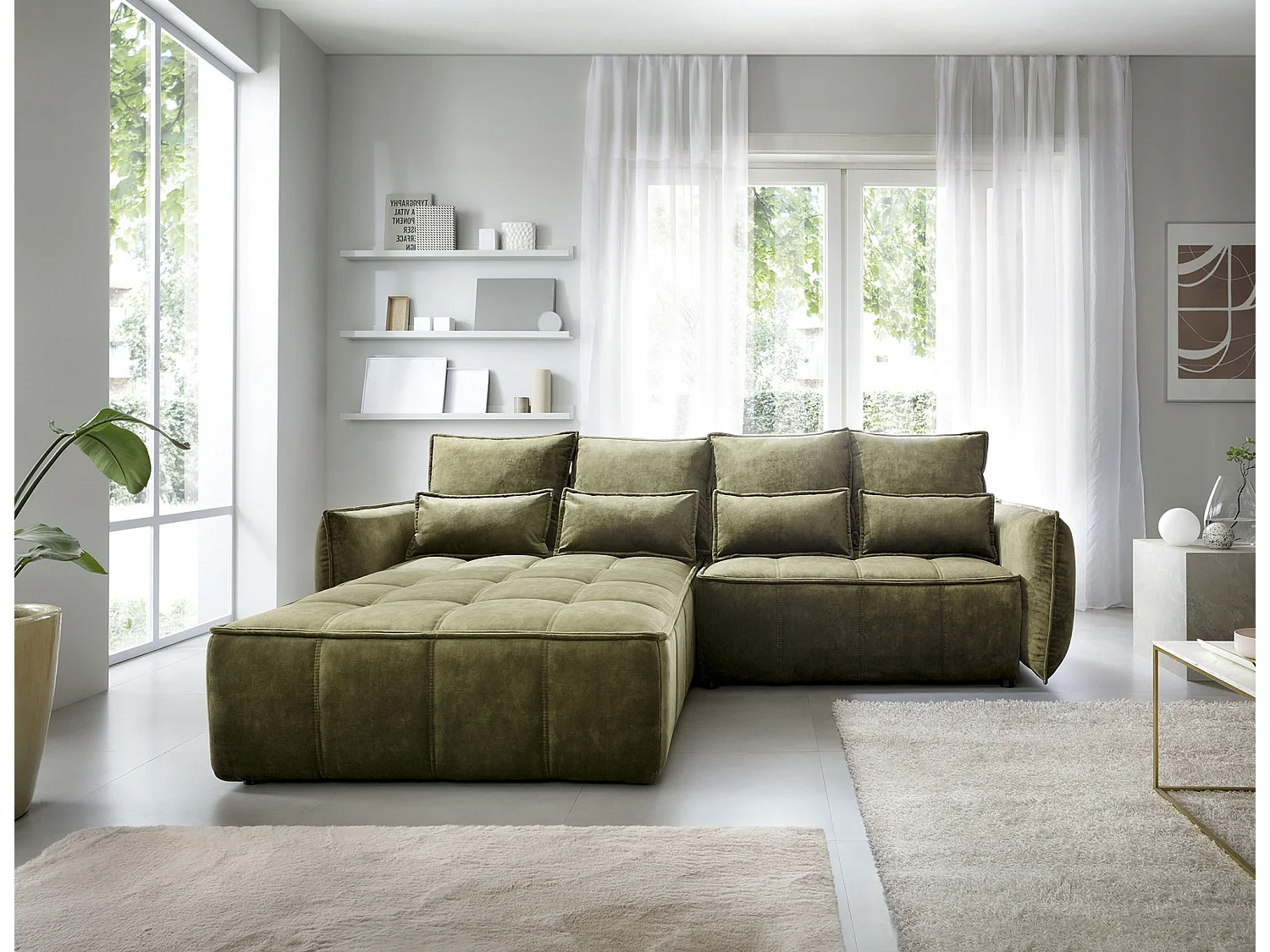 Canapé d’angle convertible 4 places KAMPUS en tissu effet cuir avec coffre de rangement – 265cm-Vert olive-angle gauche