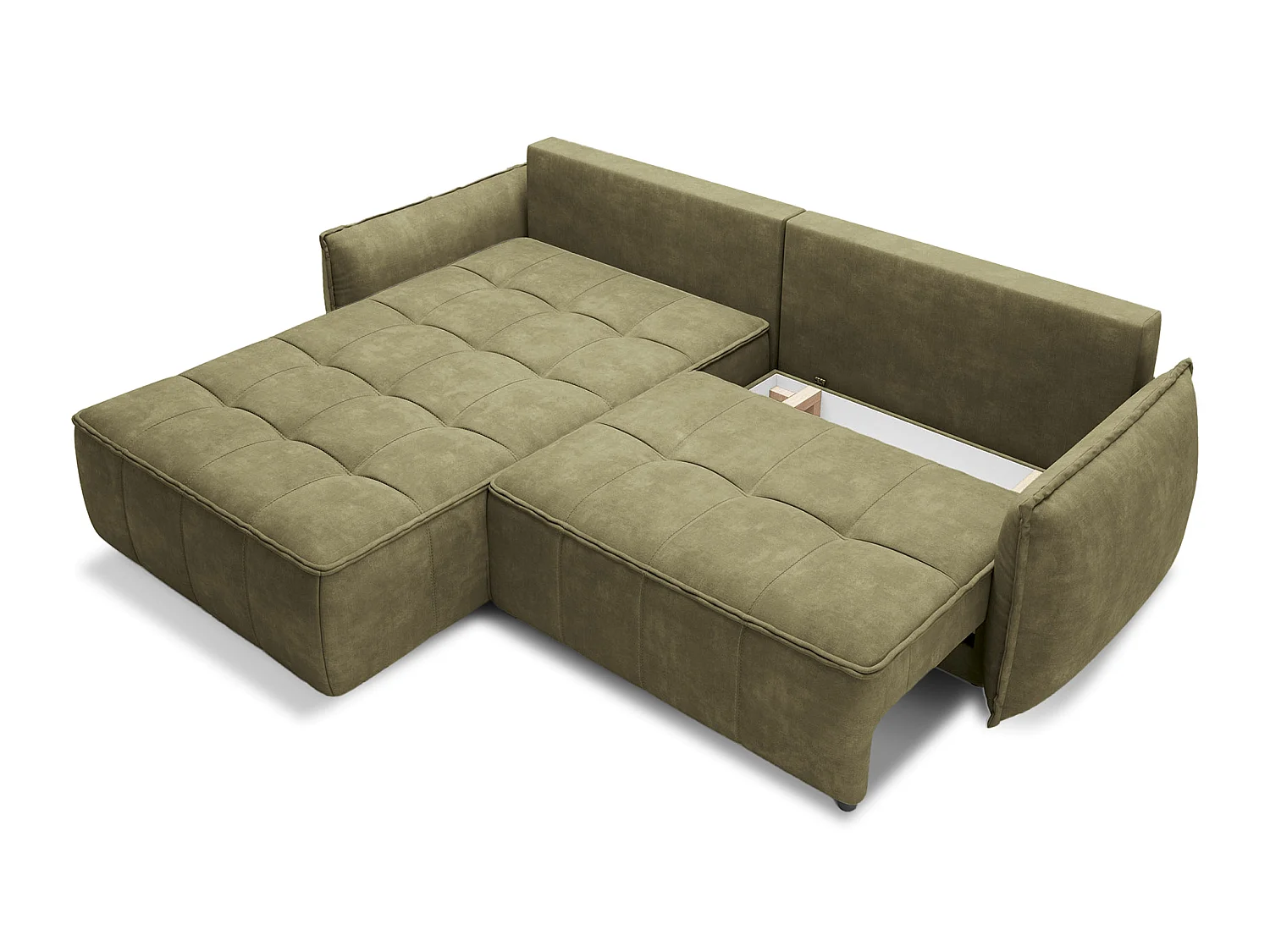 Canapé d’angle convertible 4 places KAMPUS en tissu effet cuir avec coffre de rangement – 265cm-Vert olive-angle gauche