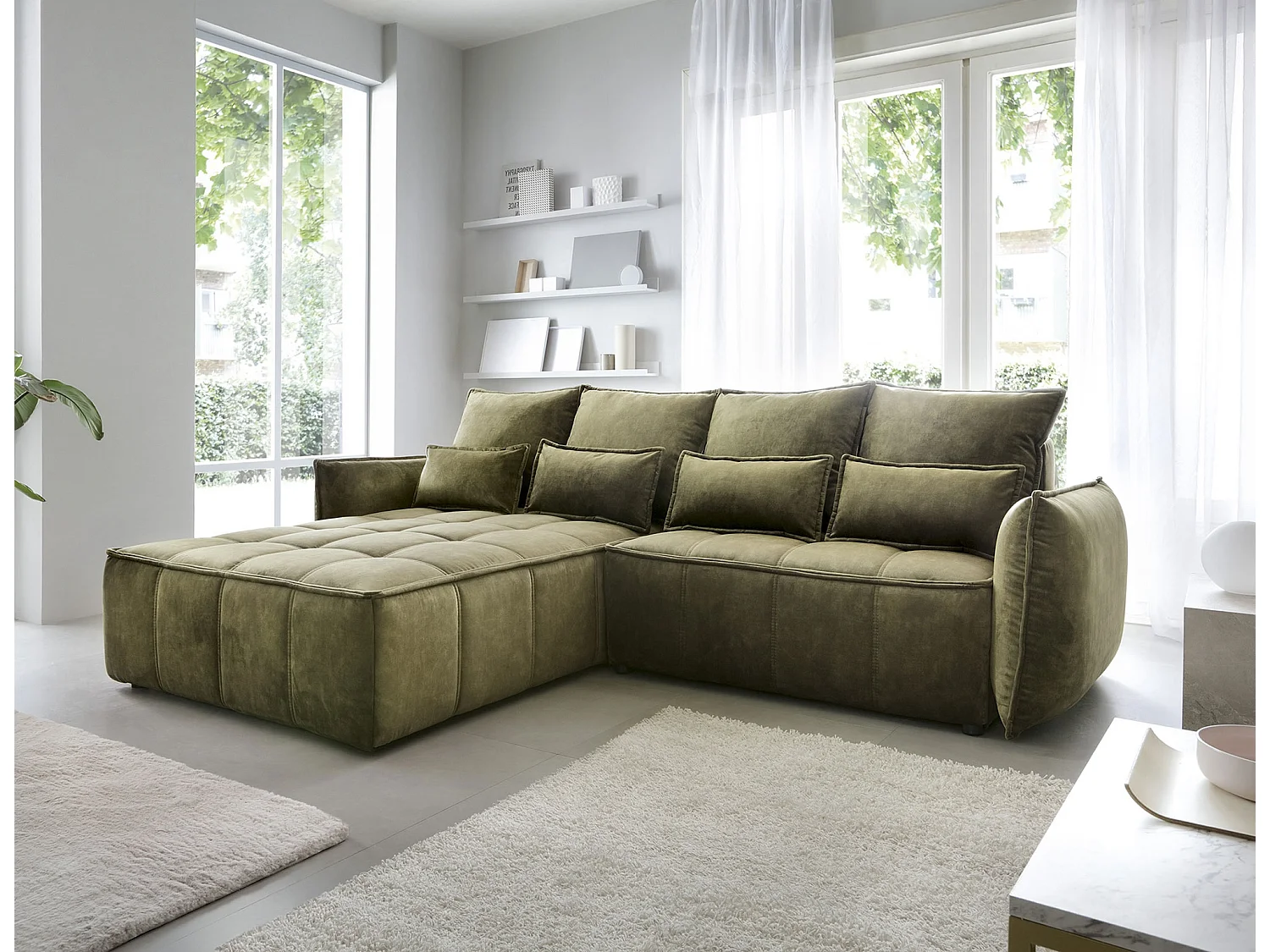 Canapé d’angle convertible 4 places KAMPUS en tissu effet cuir avec coffre de rangement – 265cm-Vert olive-angle gauche