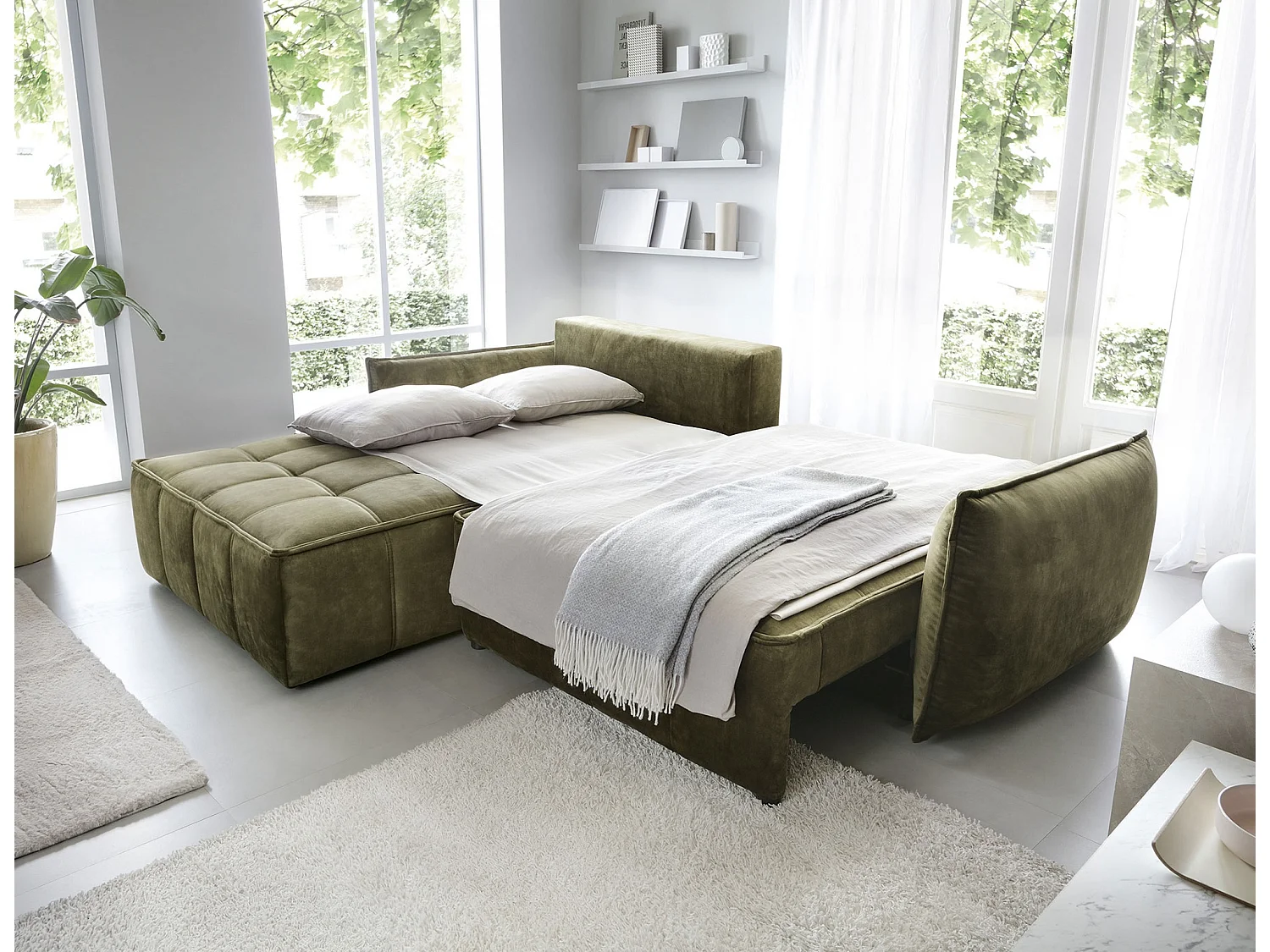 Canapé d’angle convertible 4 places KAMPUS en tissu effet cuir avec coffre de rangement – 265cm-Vert olive-angle gauche