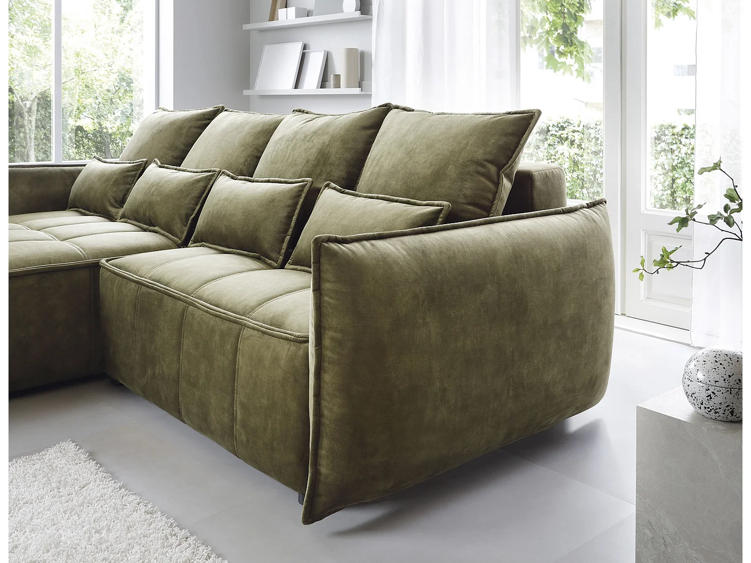 Canapé d’angle convertible 4 places KAMPUS en tissu effet cuir avec coffre de rangement – 265cm-Vert olive-angle gauche