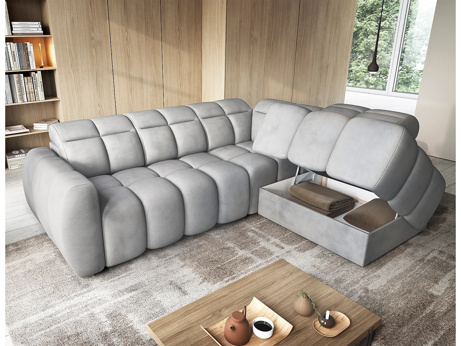 Canapé d’angle convertible 4 places BOBOON en tissu avec coffre de rangement – 258cm-Gris-angle droit