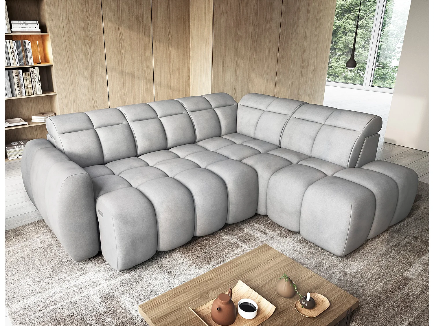 Canapé d’angle convertible 4 places BOBOON en tissu avec coffre de rangement – 258cm-Gris-angle droit