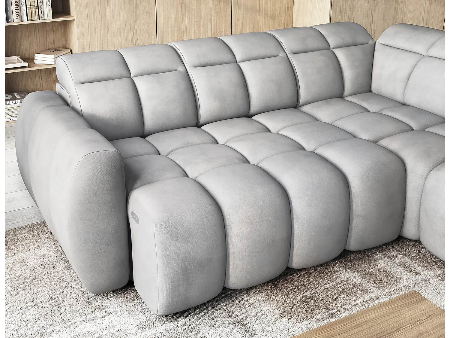 Canapé d’angle convertible 4 places BOBOON en tissu avec coffre de rangement – 258cm-Gris-angle droit