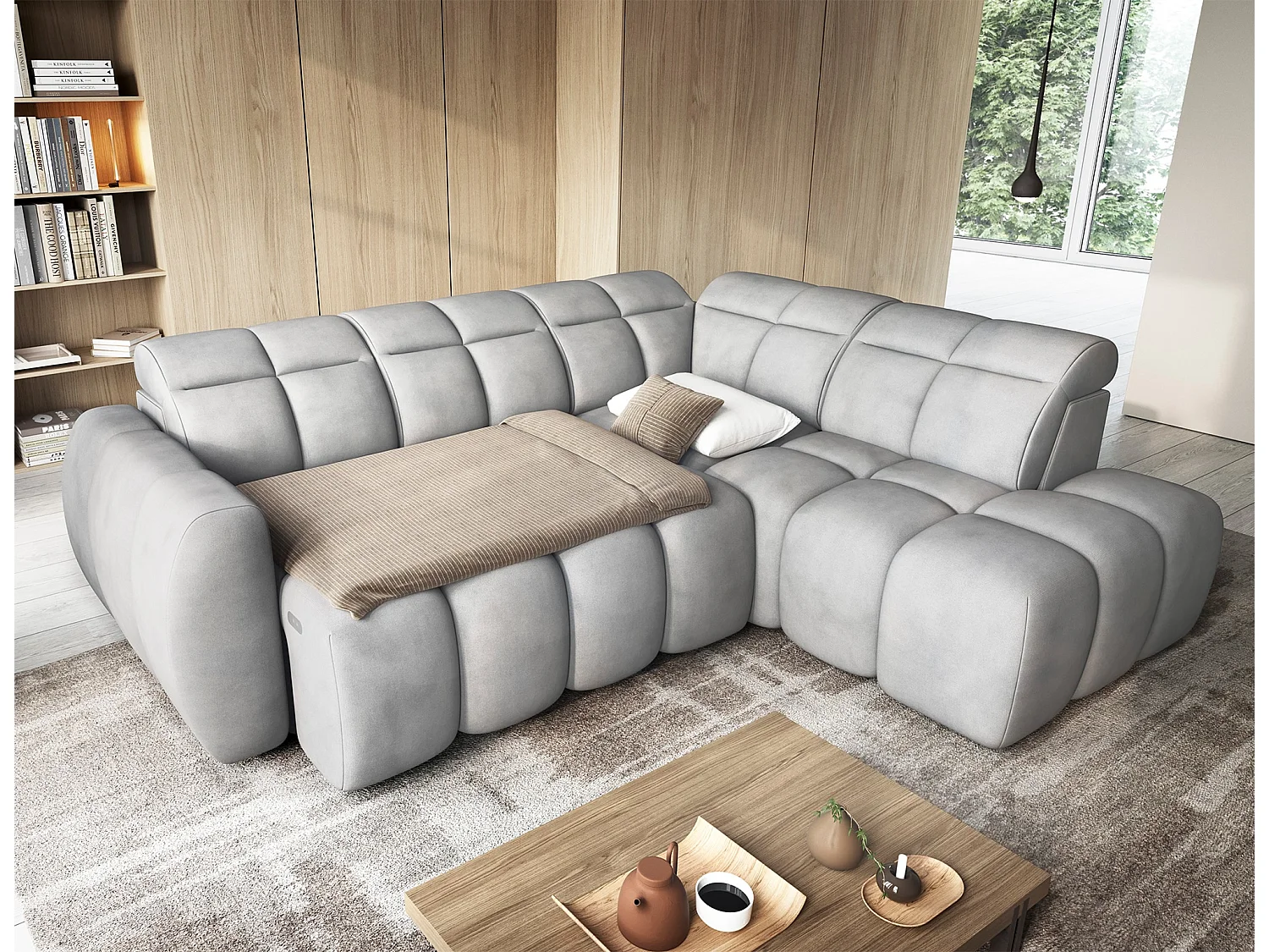 Canapé d’angle convertible 4 places BOBOON en tissu avec coffre de rangement – 258cm-Gris-angle droit