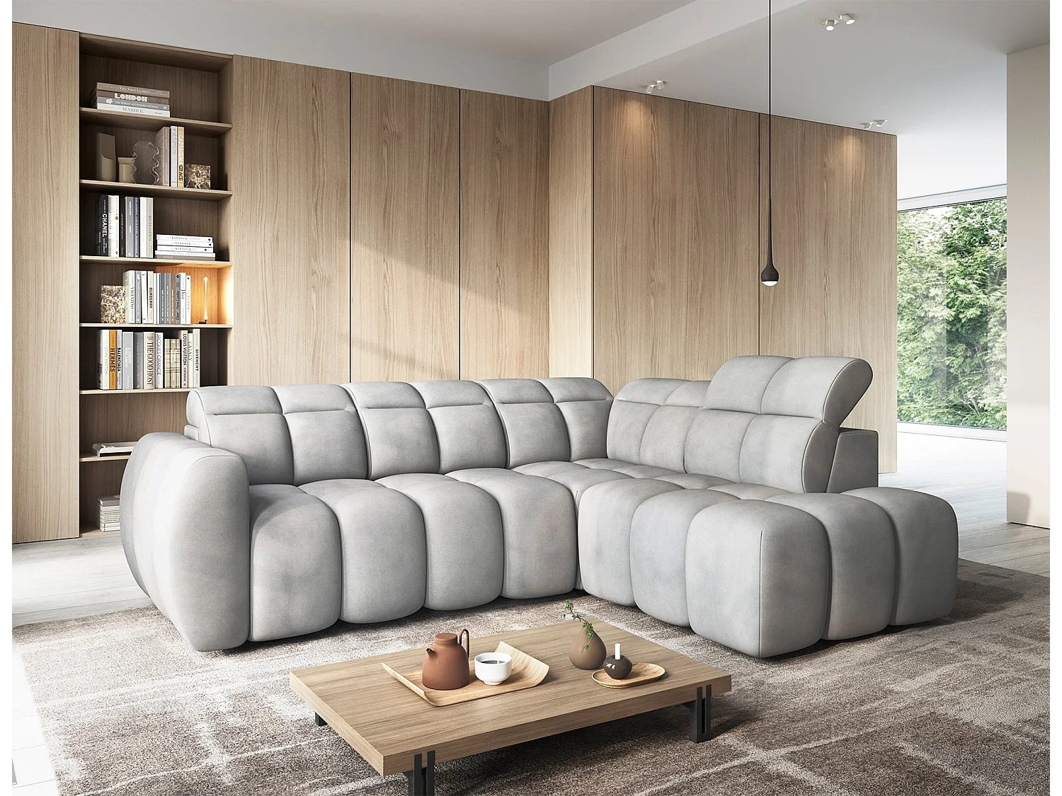 Canapé d’angle convertible 4 places BOBOON en tissu avec coffre de rangement – 258cm-Gris-angle droit