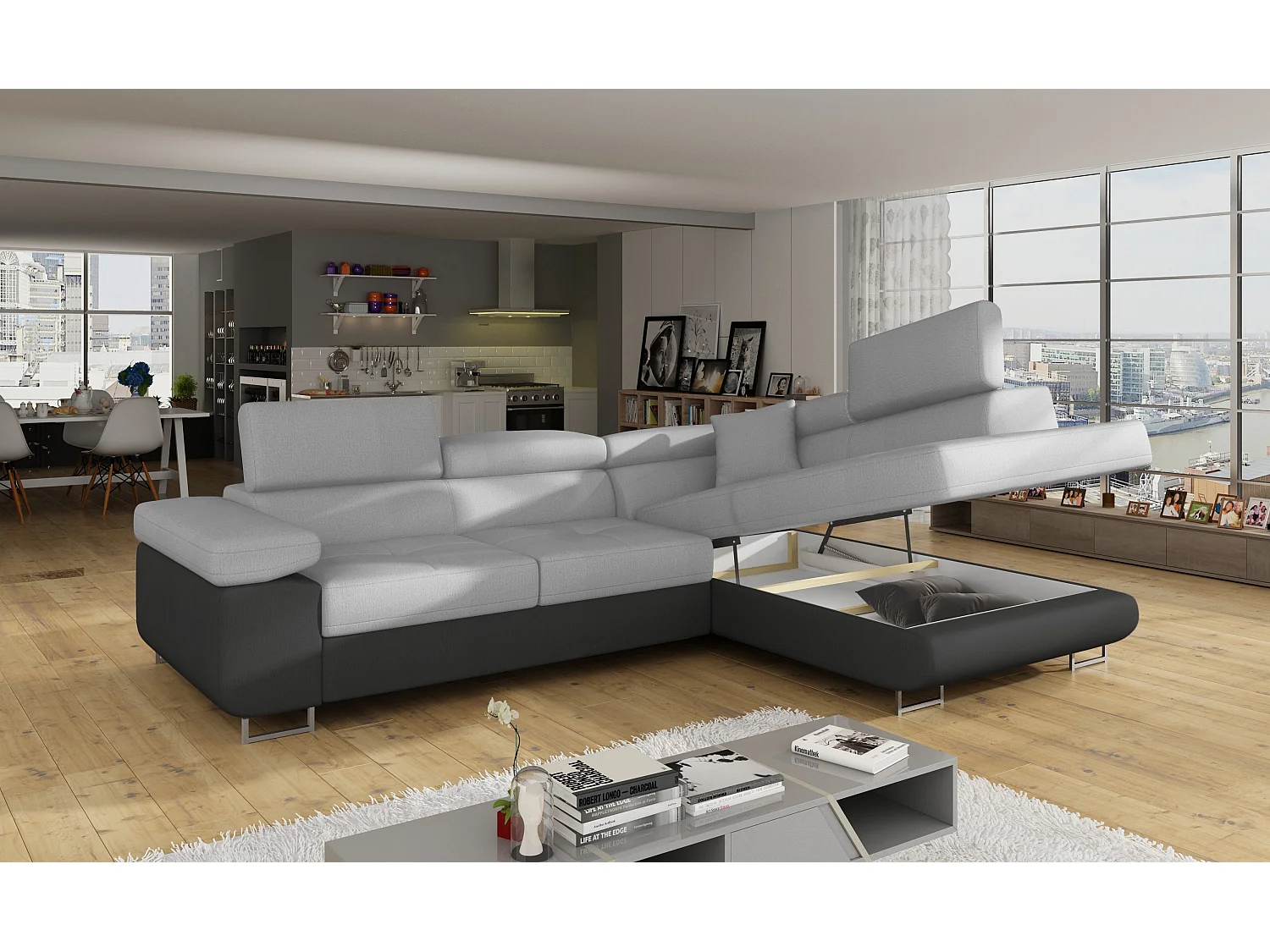 Sofá esquinero convertible en terciopelo con reposacabezas elevables - Colección Marka-Negro/Gris claro-Ángulos rectos