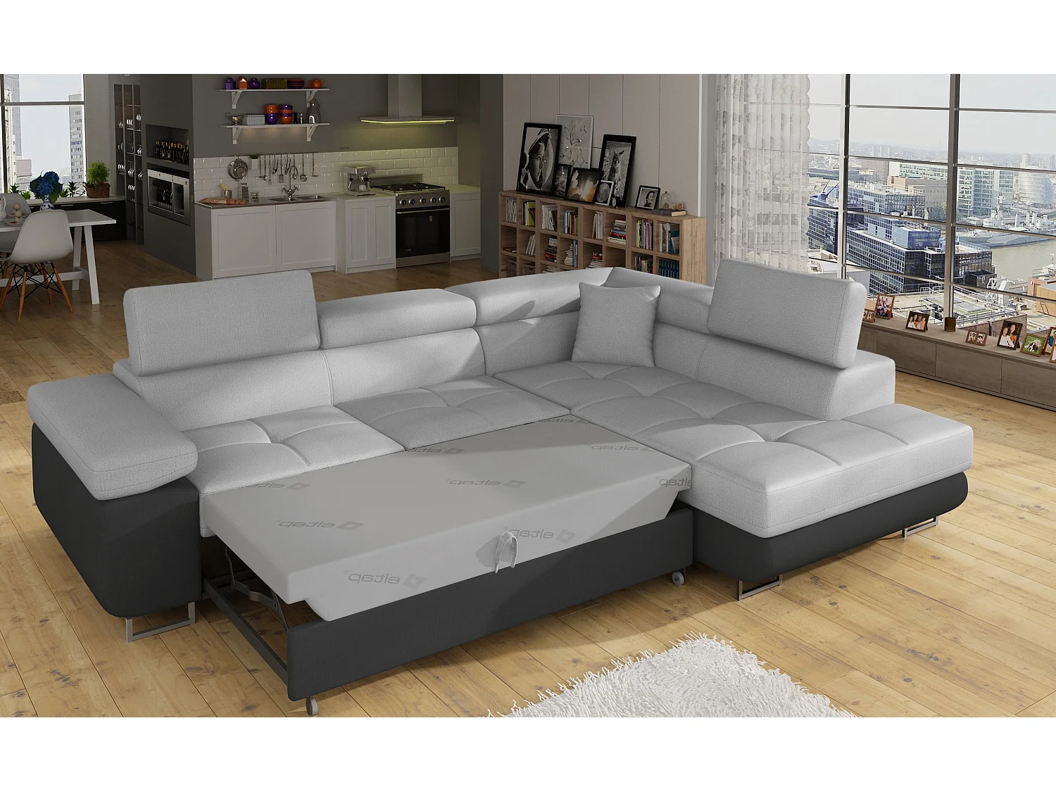 Sofá esquinero convertible en terciopelo con reposacabezas elevables - Colección Marka-Negro/Gris claro-Ángulos rectos