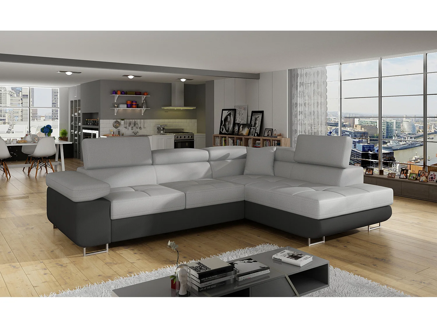 Sofá esquinero convertible en terciopelo con reposacabezas elevables - Colección Marka-Negro/Gris claro-Ángulos rectos