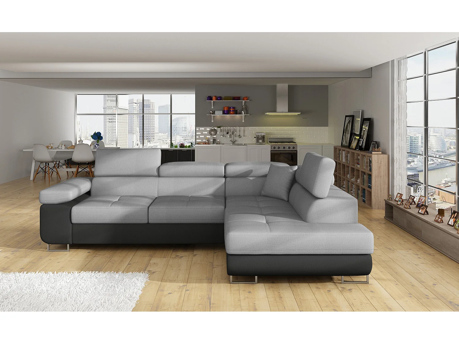 Sofá esquinero convertible en terciopelo con reposacabezas elevables - Colección Marka-Negro/Gris claro-Ángulos rectos
