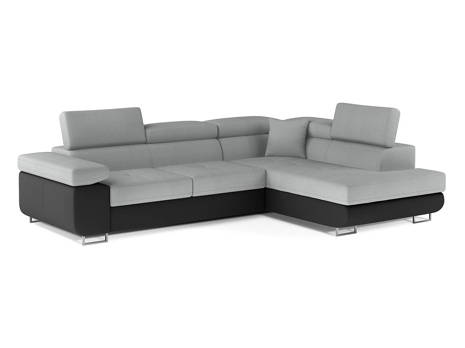 Sofá esquinero convertible en terciopelo con reposacabezas elevables - Colección Marka-Negro/Gris claro-Ángulos rectos