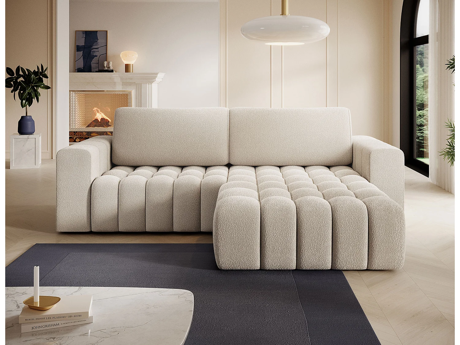 Sofá esquinero Bozen – Elegancia, confort tejido acolchado-Beige claro-Ángulos rectos