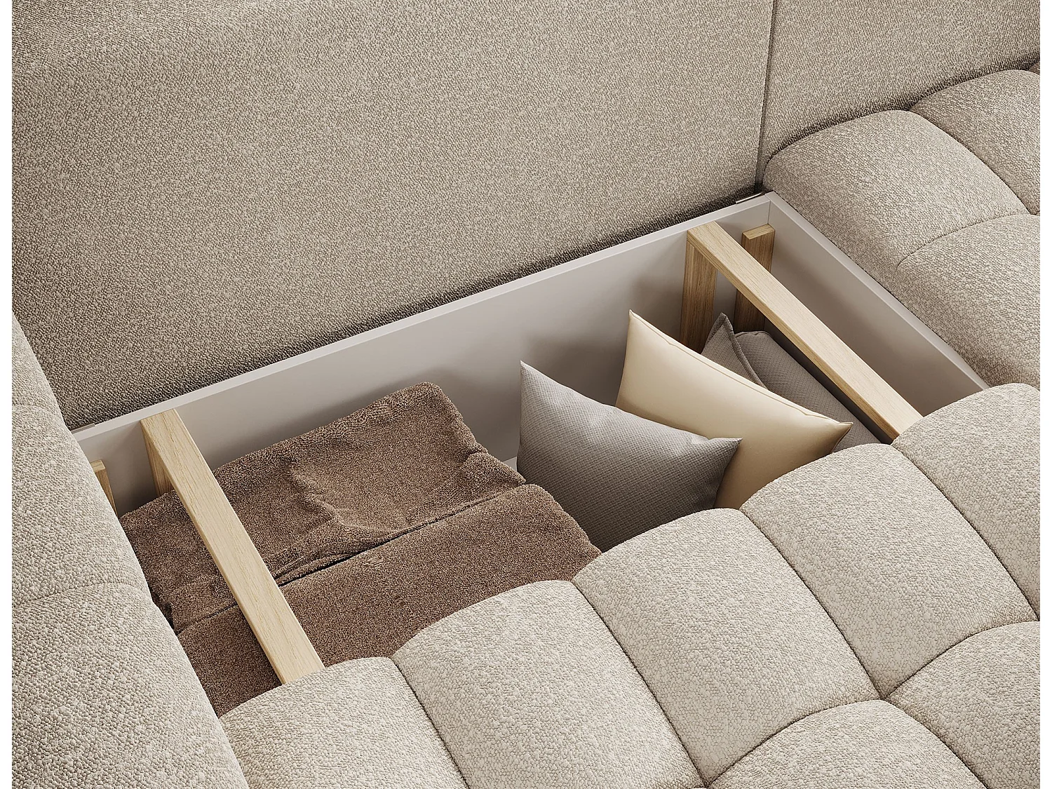 Sofá esquinero Bozen – Elegancia, confort tejido acolchado-Beige claro-Ángulos rectos
