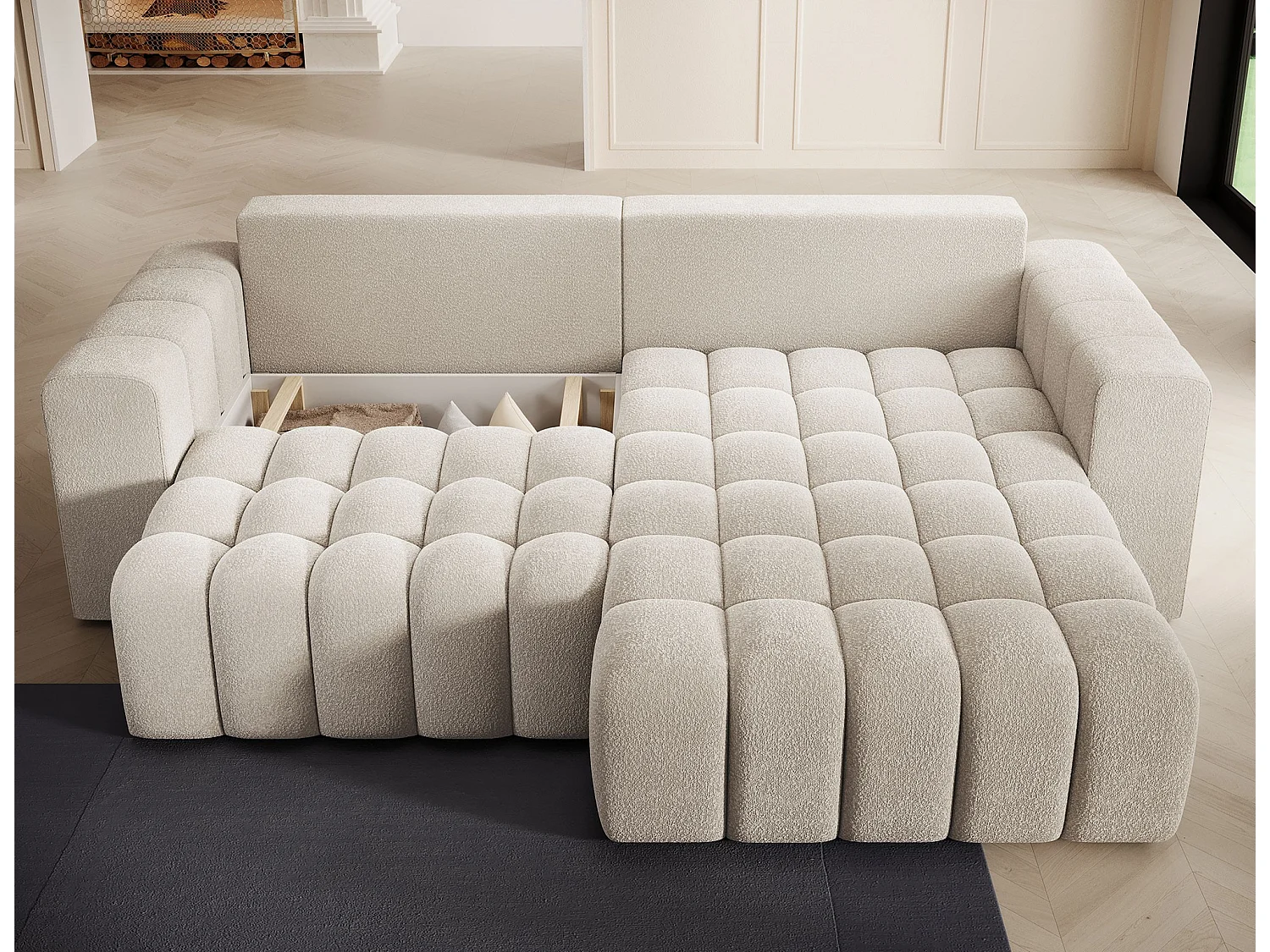 Sofá esquinero Bozen – Elegancia, confort tejido acolchado-Beige claro-Ángulos rectos