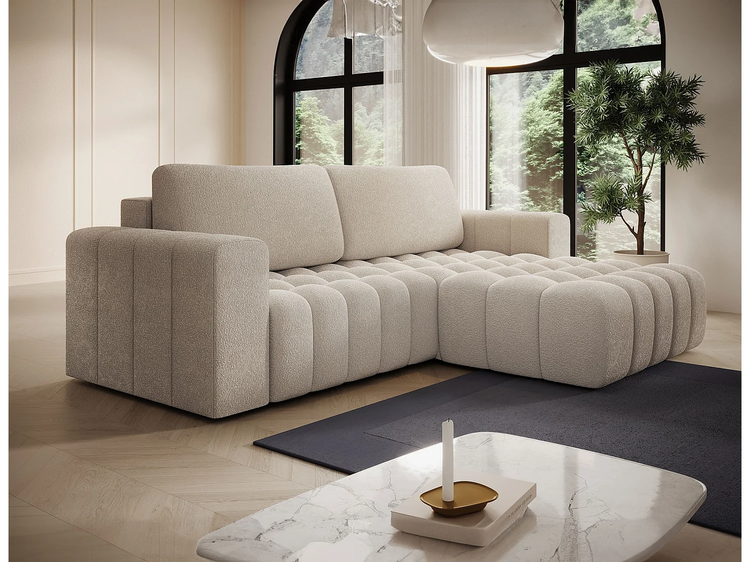 Sofá esquinero Bozen – Elegancia, confort tejido acolchado-Beige claro-Ángulos rectos