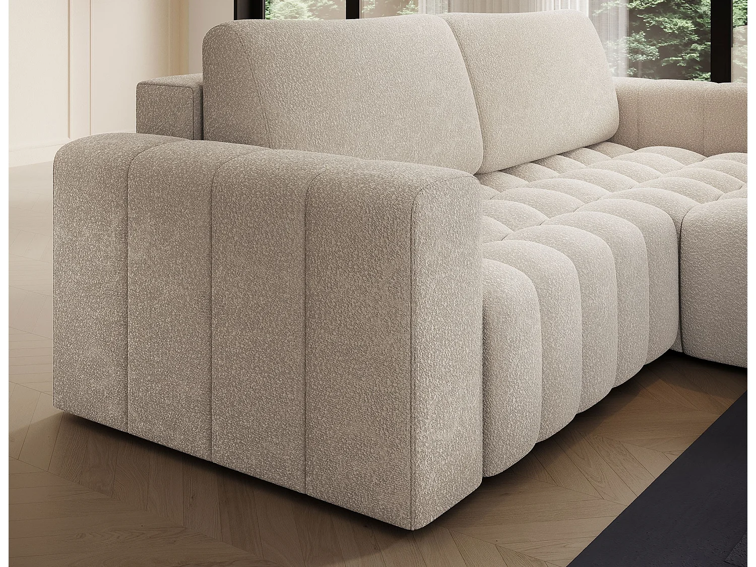 Sofá esquinero Bozen – Elegancia, confort tejido acolchado-Beige claro-Ángulos rectos