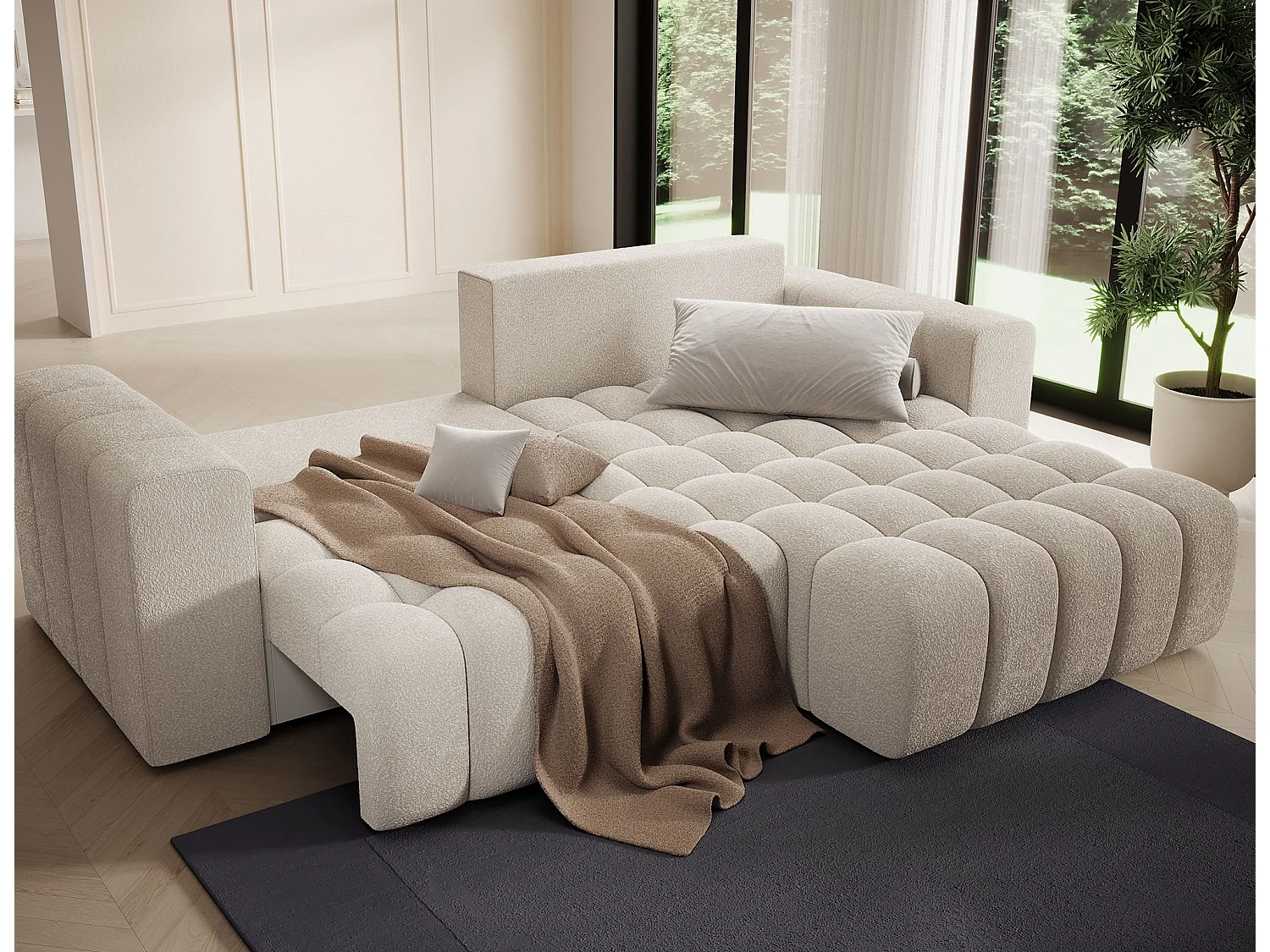 Sofá esquinero Bozen – Elegancia, confort tejido acolchado-Beige claro-Ángulos rectos