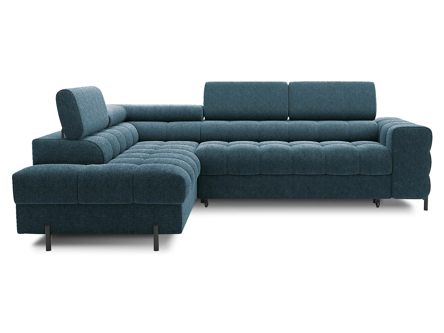 Canapé d’angle convertible LUCCINO en tissu avec coffre, têtières réglables et pieds en métal noir – 276cm-Bleu canard-angle gauche