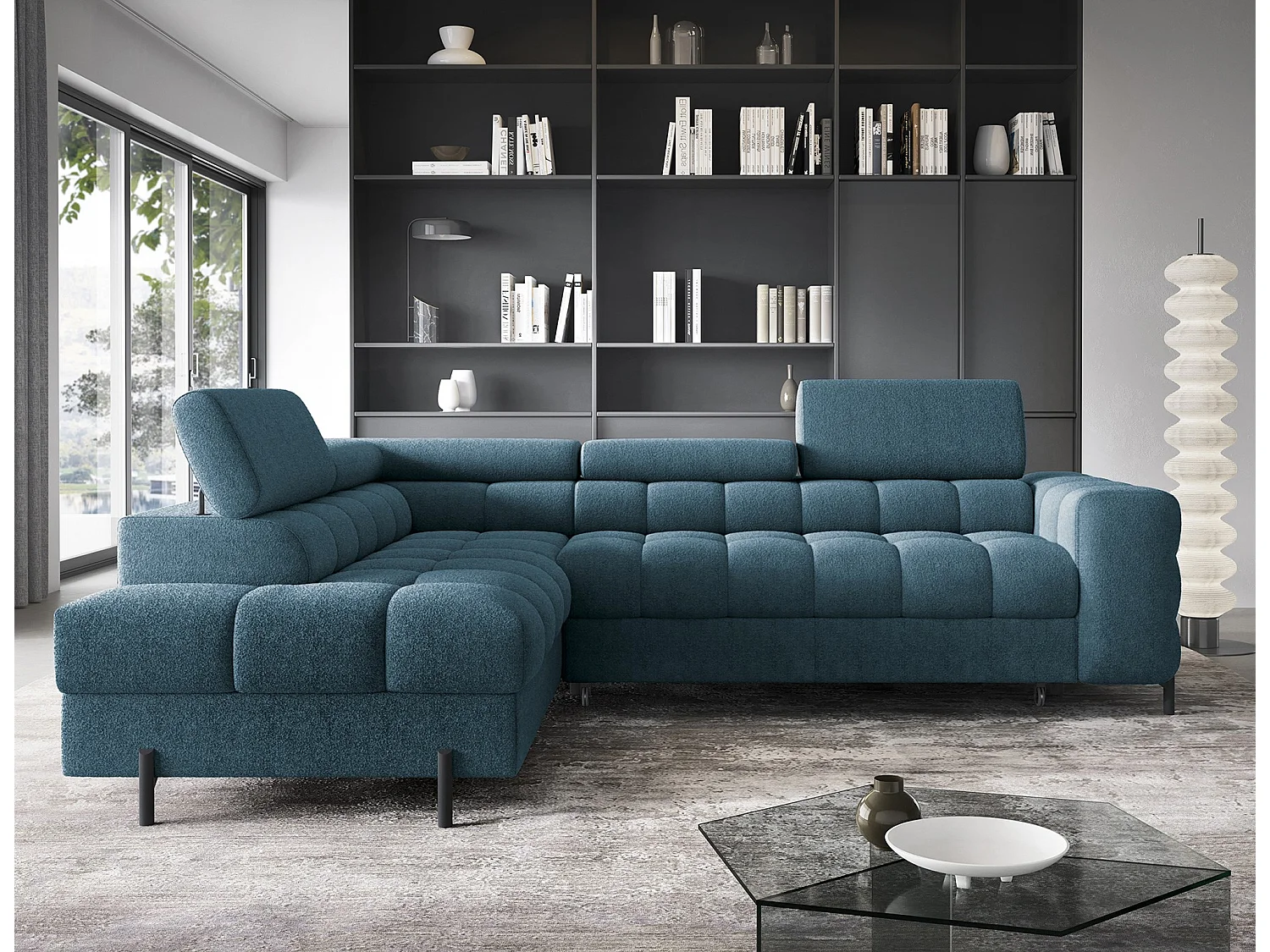 Canapé d’angle convertible LUCCINO en tissu avec coffre, têtières réglables et pieds en métal noir – 276cm-Bleu canard-angle gauche