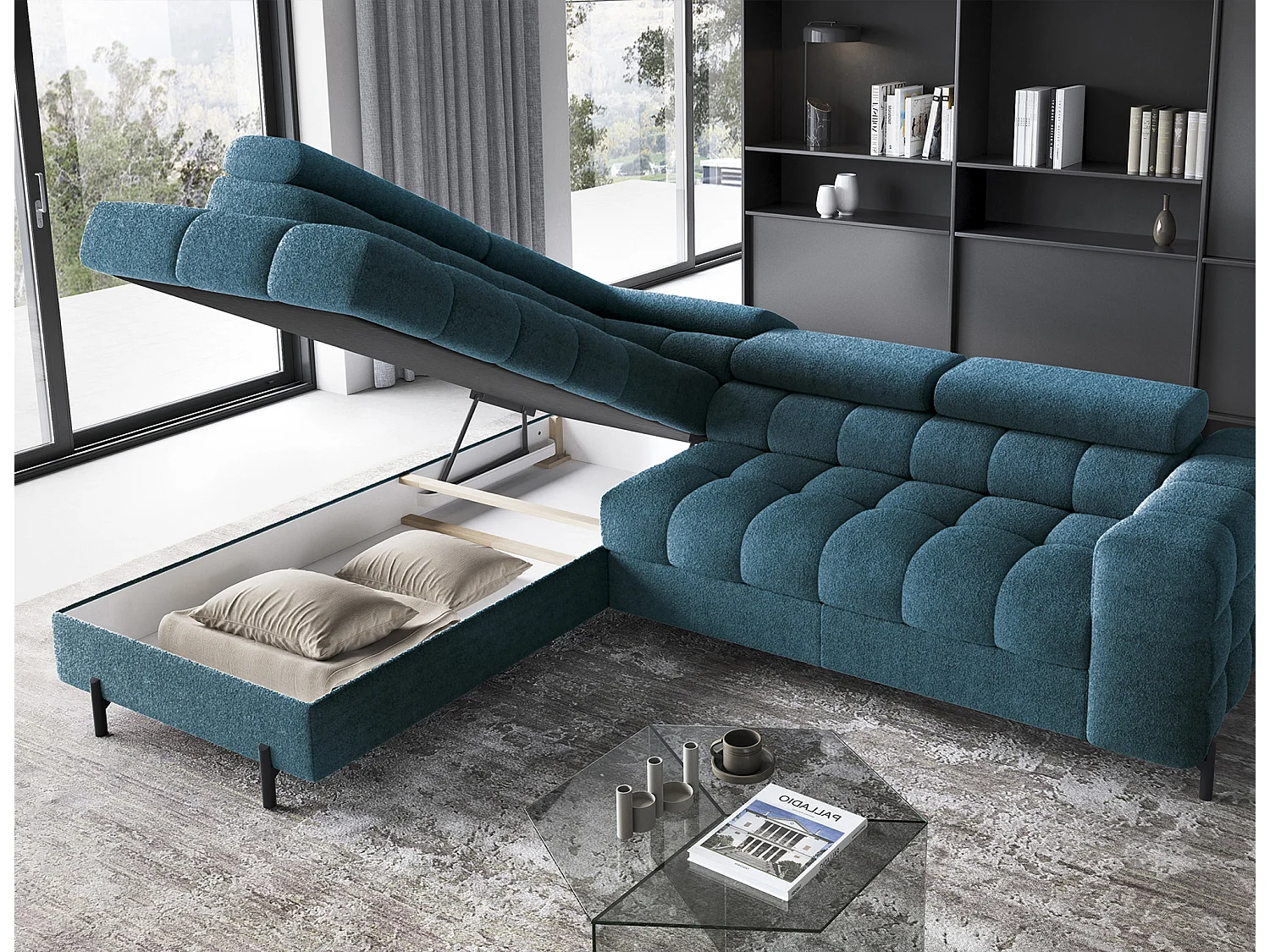 Canapé d’angle convertible LUCCINO en tissu avec coffre, têtières réglables et pieds en métal noir – 276cm-Bleu canard-angle gauche