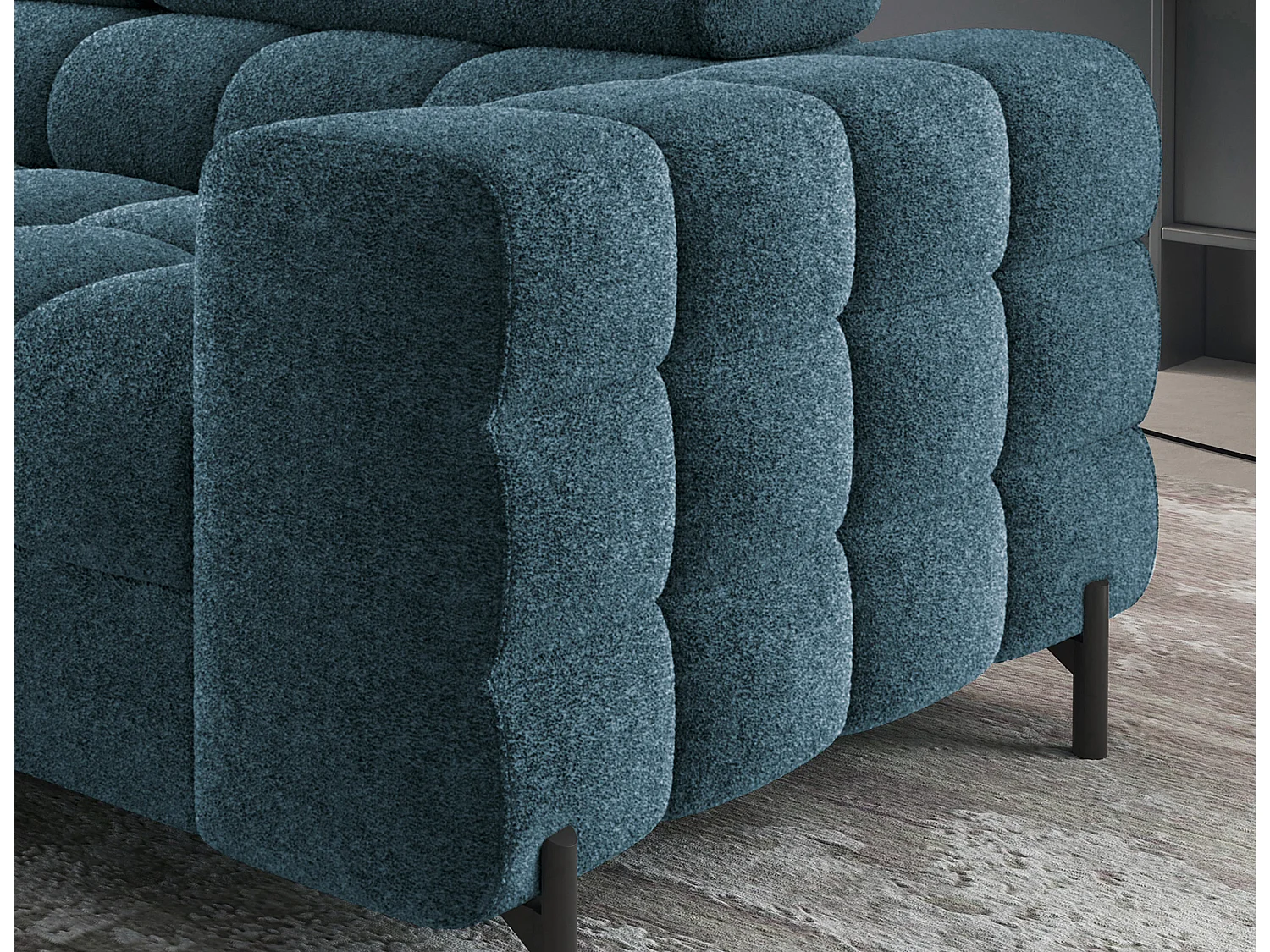 Canapé d’angle convertible LUCCINO en tissu avec coffre, têtières réglables et pieds en métal noir – 276cm-Bleu canard-angle gauche