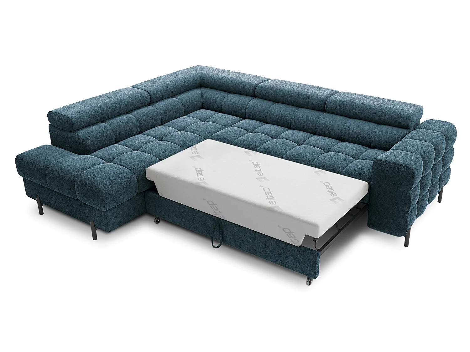 Canapé d’angle convertible LUCCINO en tissu avec coffre, têtières réglables et pieds en métal noir – 276cm-Bleu canard-angle gauche