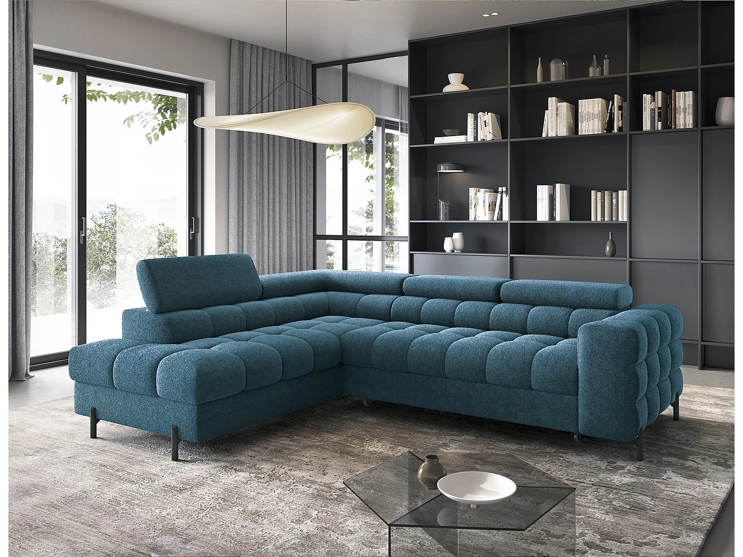 Canapé d’angle convertible LUCCINO en tissu avec coffre, têtières réglables et pieds en métal noir – 276cm-Bleu canard-angle gauche