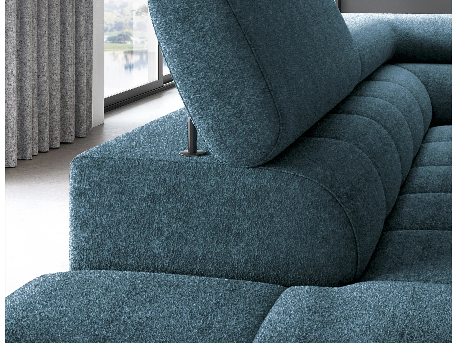 Canapé d’angle convertible LUCCINO en tissu avec coffre, têtières réglables et pieds en métal noir – 276cm-Bleu canard-angle gauche