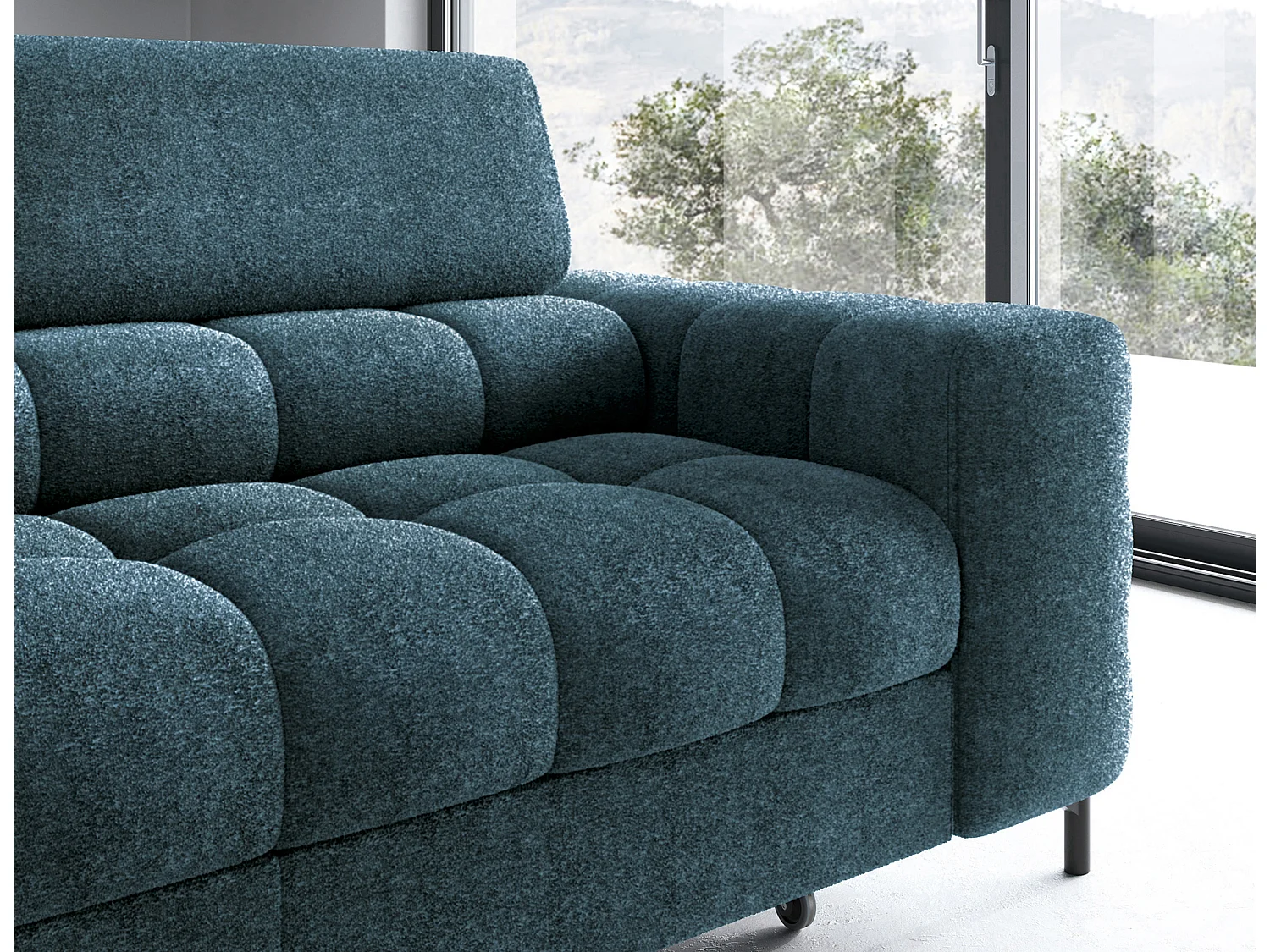 Canapé d’angle convertible LUCCINO en tissu avec coffre, têtières réglables et pieds en métal noir – 276cm-Bleu canard-angle gauche