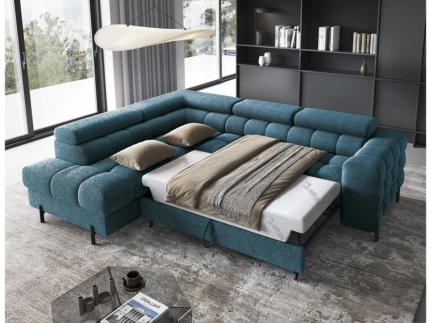 Canapé d’angle convertible LUCCINO en tissu avec coffre, têtières réglables et pieds en métal noir – 276cm-Bleu canard-angle gauche