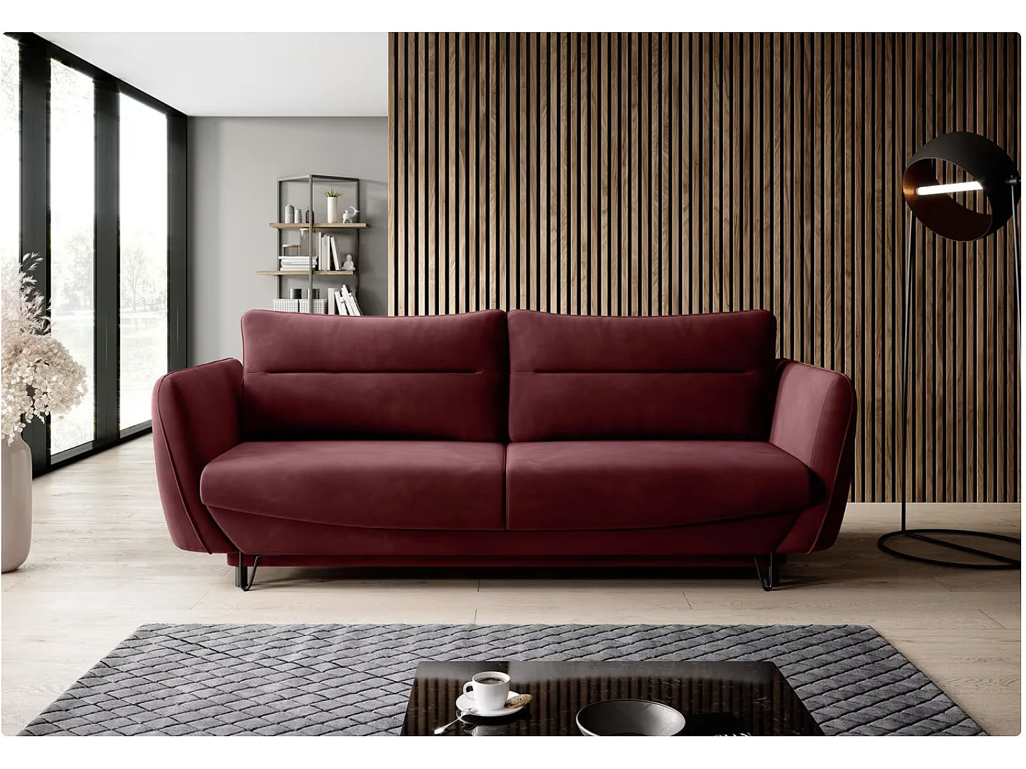Canapé droit convertible 3 places tissu ZURIK 236cm - Coffre de rangement & pieds métal noir-Rouge cerise