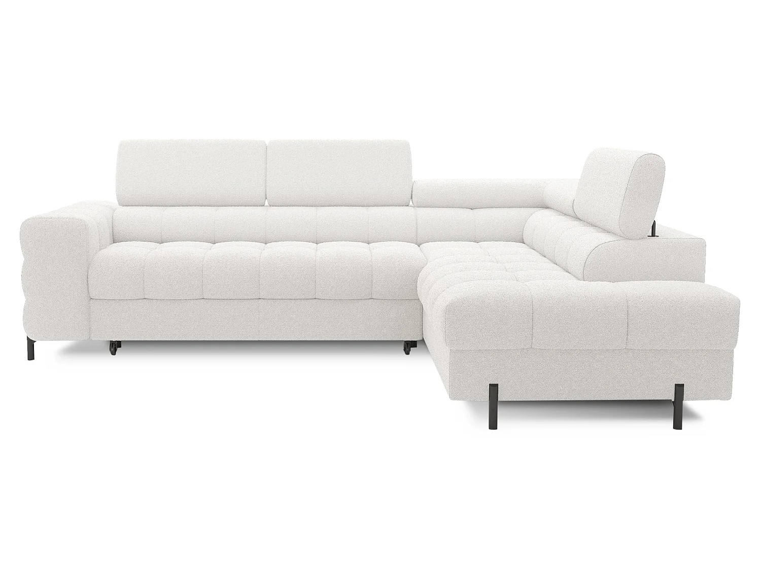 Canapé d’angle convertible LUCCINO en tissu avec coffre, têtières réglables et pieds en métal noir – 276cm-Blanc-angle droit