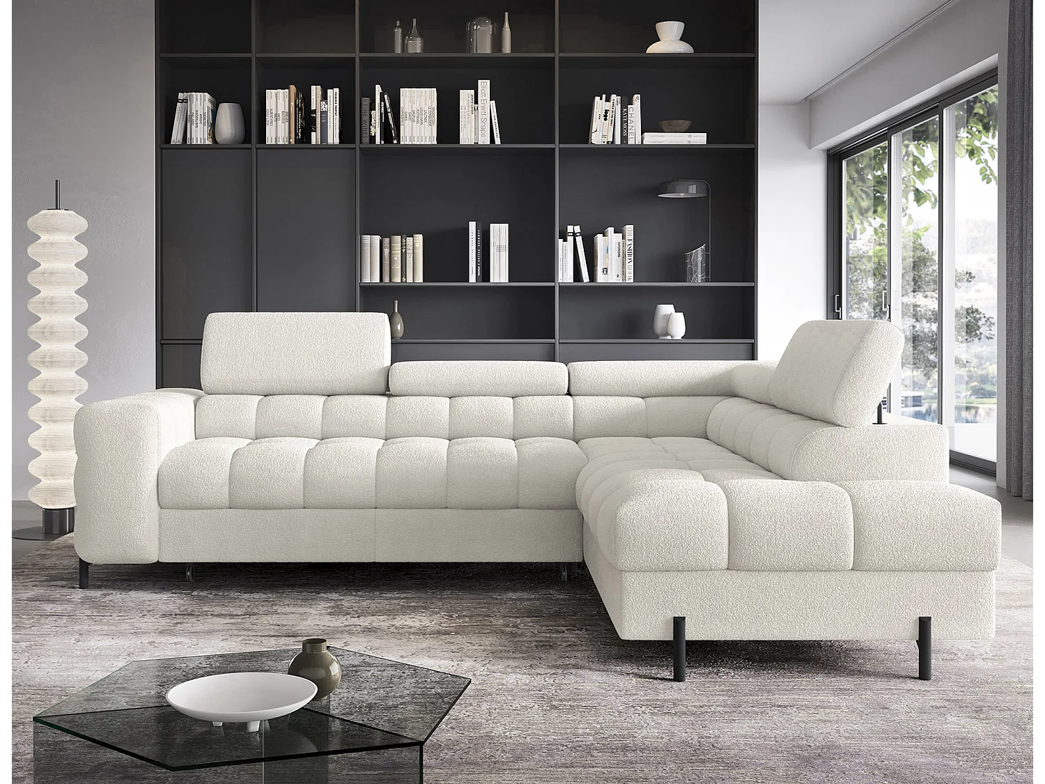 Canapé d’angle convertible LUCCINO en tissu avec coffre, têtières réglables et pieds en métal noir – 276cm-Blanc-angle droit