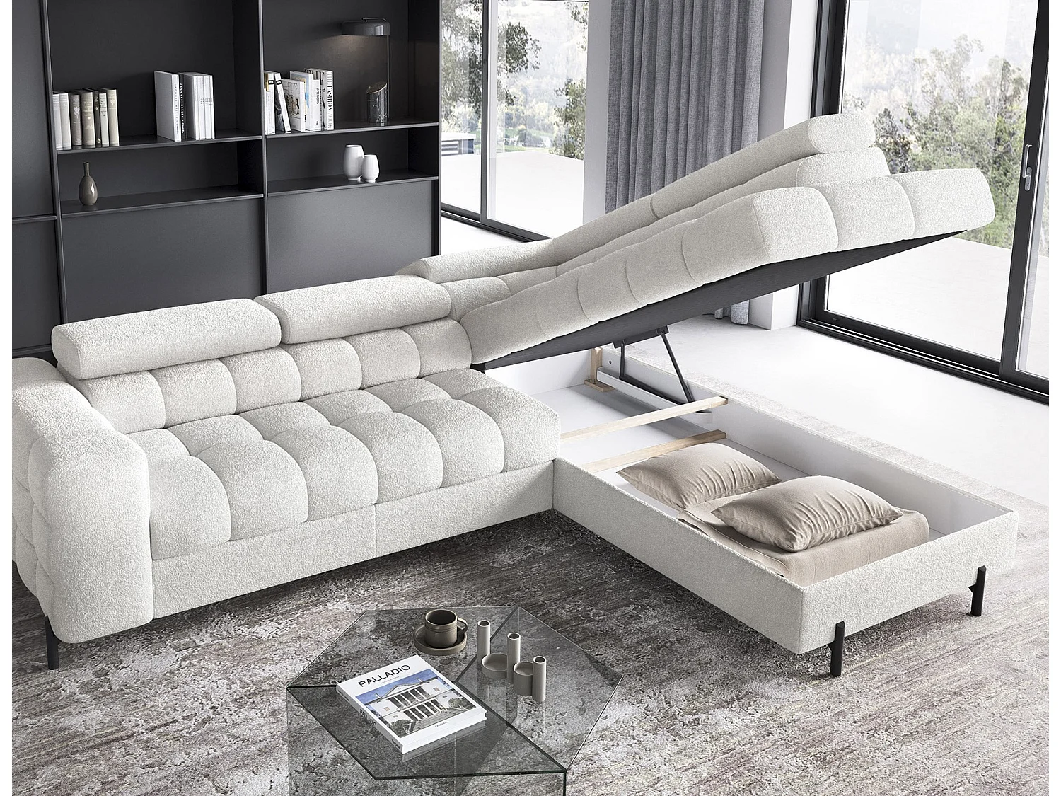 Canapé d’angle convertible LUCCINO en tissu avec coffre, têtières réglables et pieds en métal noir – 276cm-Blanc-angle droit
