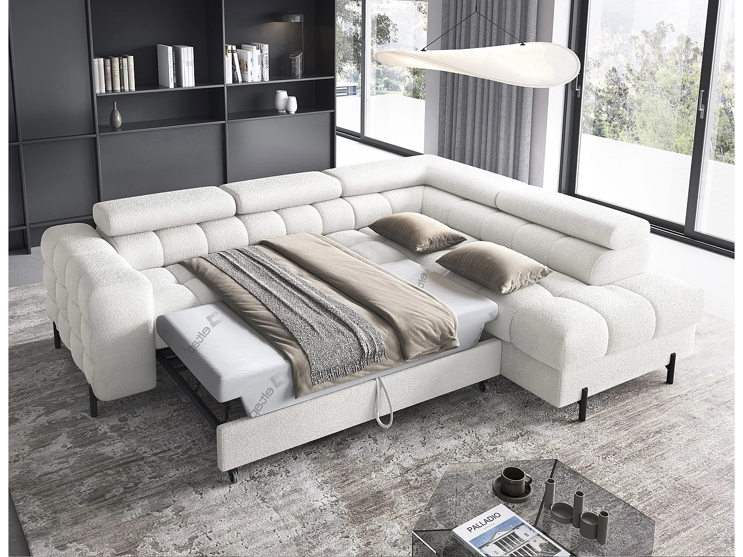 Canapé d’angle convertible LUCCINO en tissu avec coffre, têtières réglables et pieds en métal noir – 276cm-Blanc-angle droit