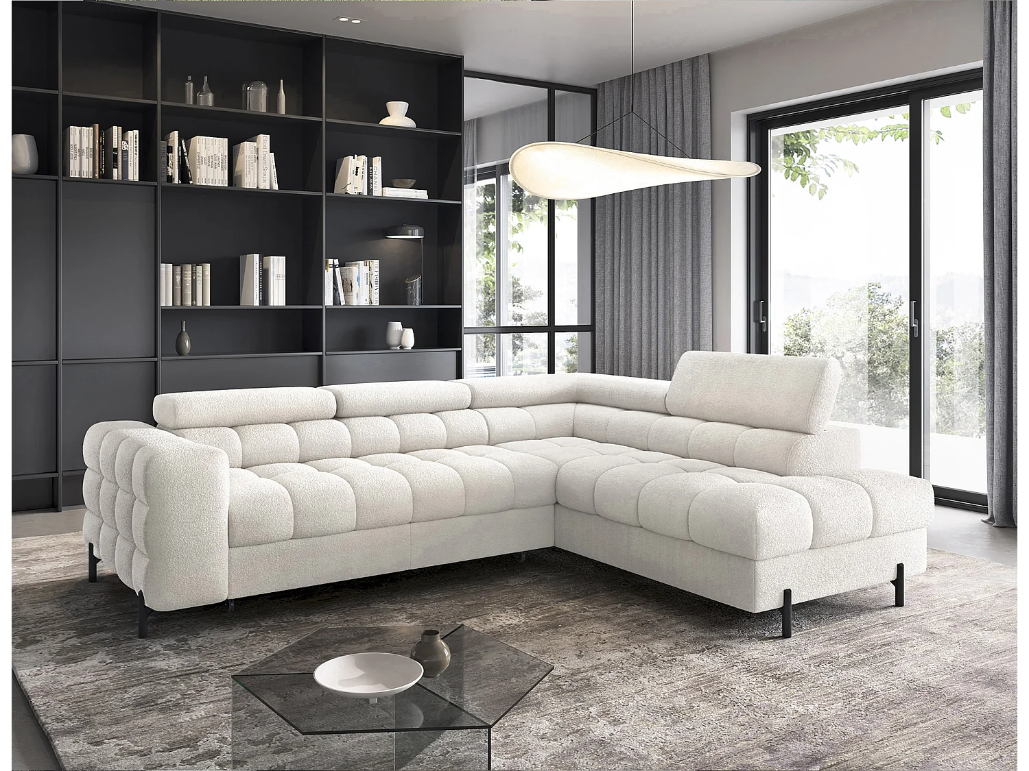 Canapé d’angle convertible LUCCINO en tissu avec coffre, têtières réglables et pieds en métal noir – 276cm-Blanc-angle droit
