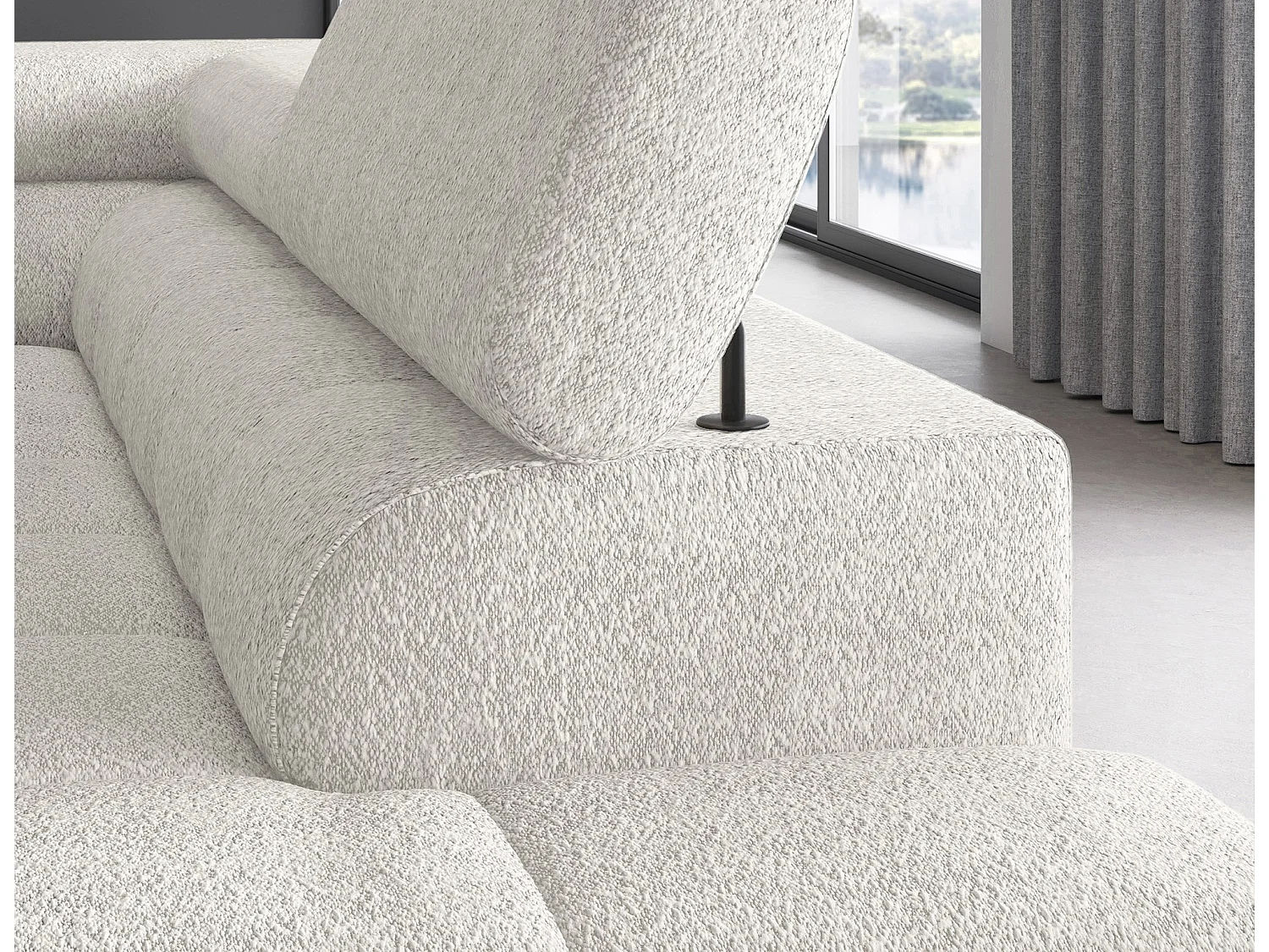 Canapé d’angle convertible LUCCINO en tissu avec coffre, têtières réglables et pieds en métal noir – 276cm-Blanc-angle droit