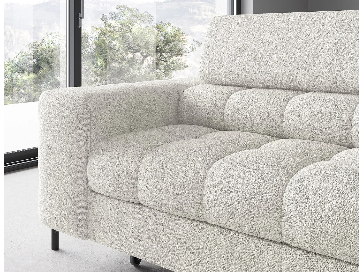 Canapé d’angle convertible LUCCINO en tissu avec coffre, têtières réglables et pieds en métal noir – 276cm-Blanc-angle droit
