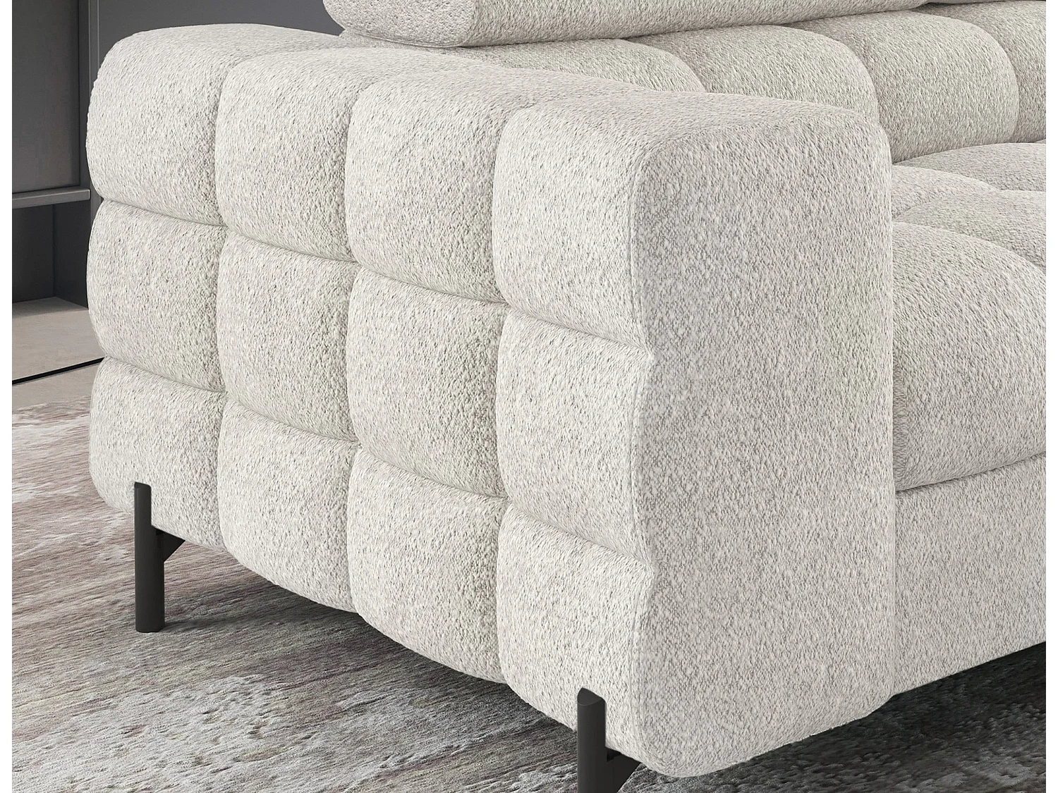 Canapé d’angle convertible LUCCINO en tissu avec coffre, têtières réglables et pieds en métal noir – 276cm-Blanc-angle droit