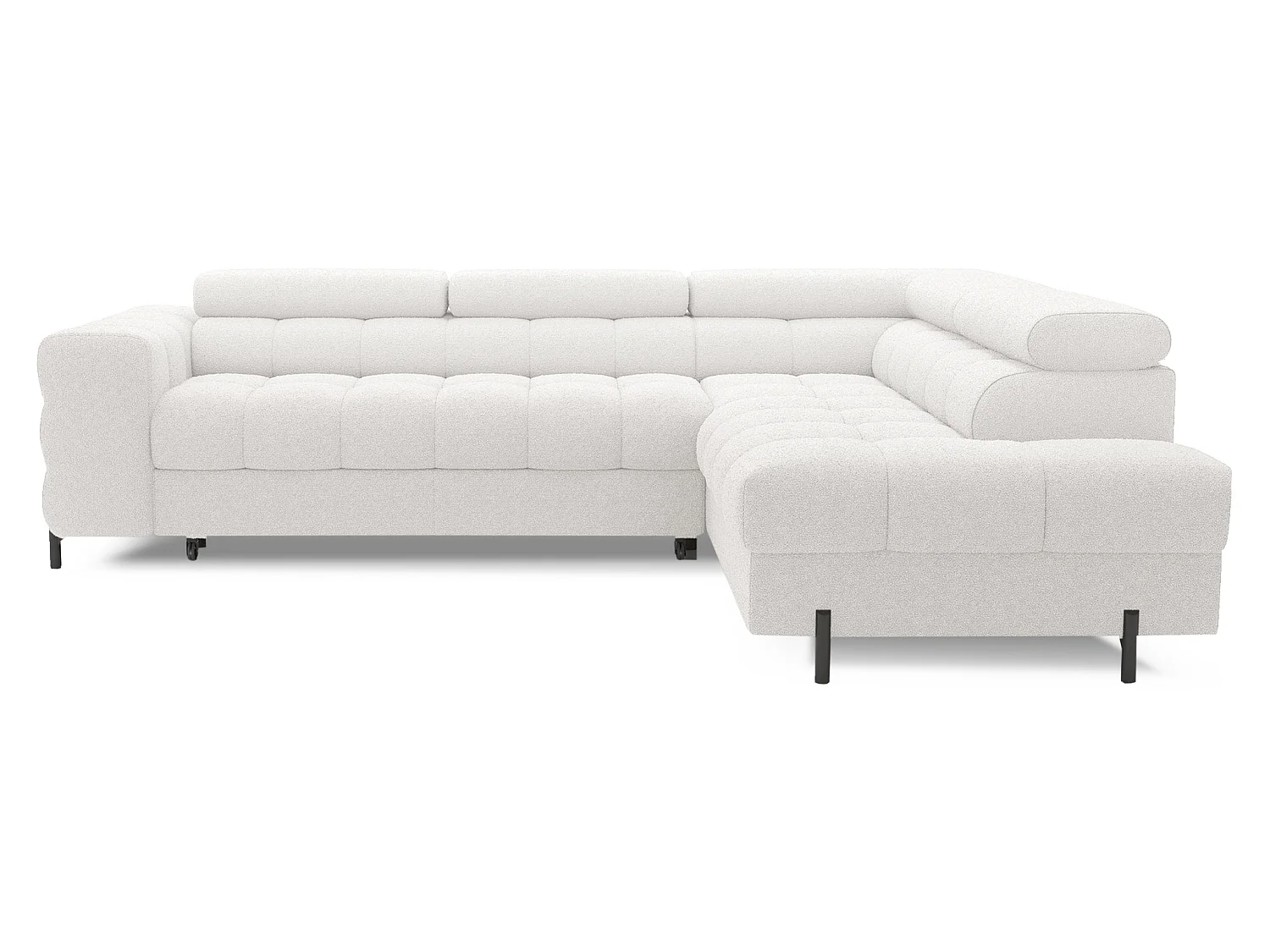 Canapé d’angle convertible LUCCINO en tissu avec coffre, têtières réglables et pieds en métal noir – 276cm-Blanc-angle droit