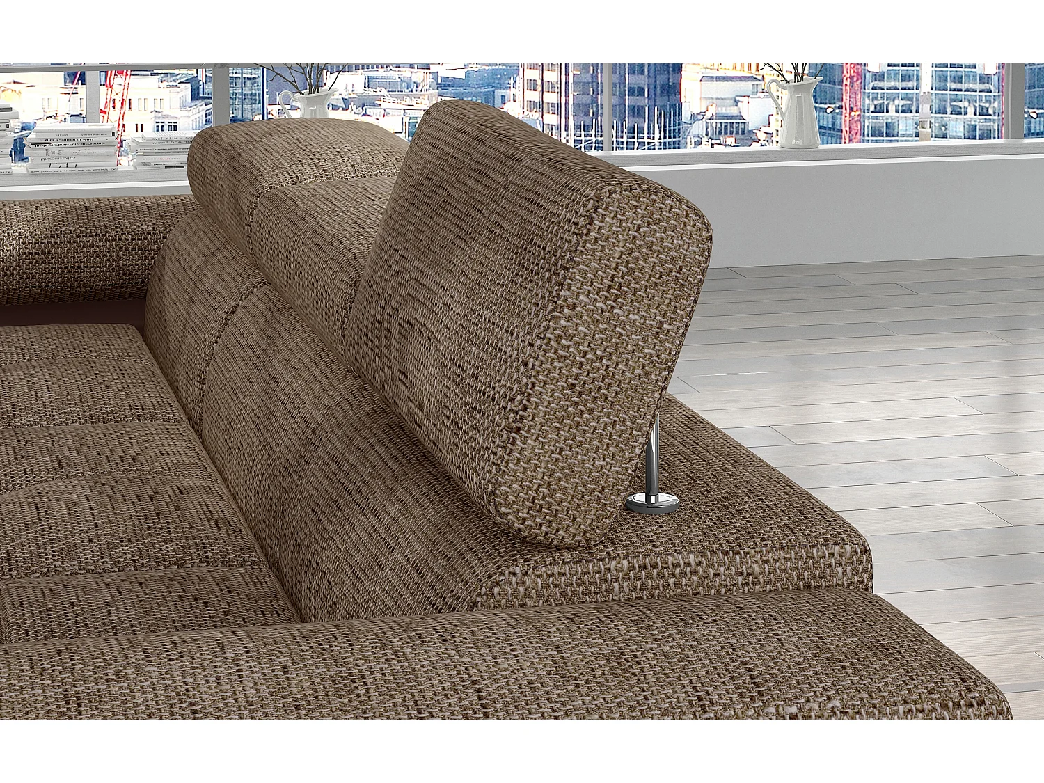 Sofá esquinero convertible KALIZO con reposacabezas regulables - Base y patas de acero cromado-Marrón/Marrón claro-Ángulo izquierdo