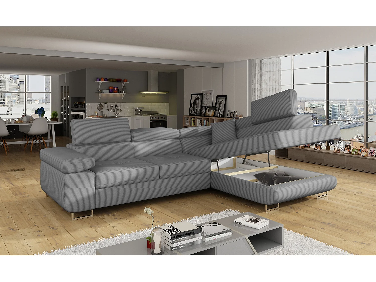 Canapé d’angle convertible MARKA en tissu avec coffre et têtières réglables – 272cm-Gris clair-angle droit
